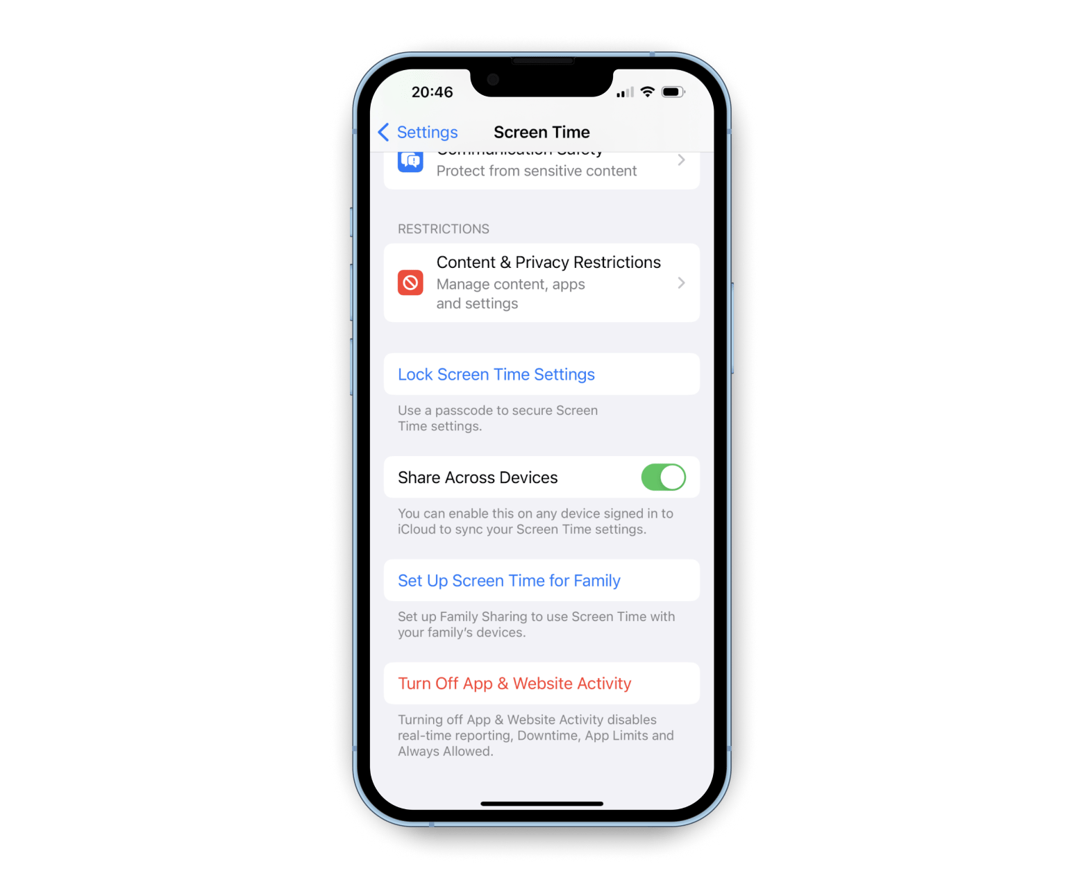 Share Across Devices in the Screen Time settings