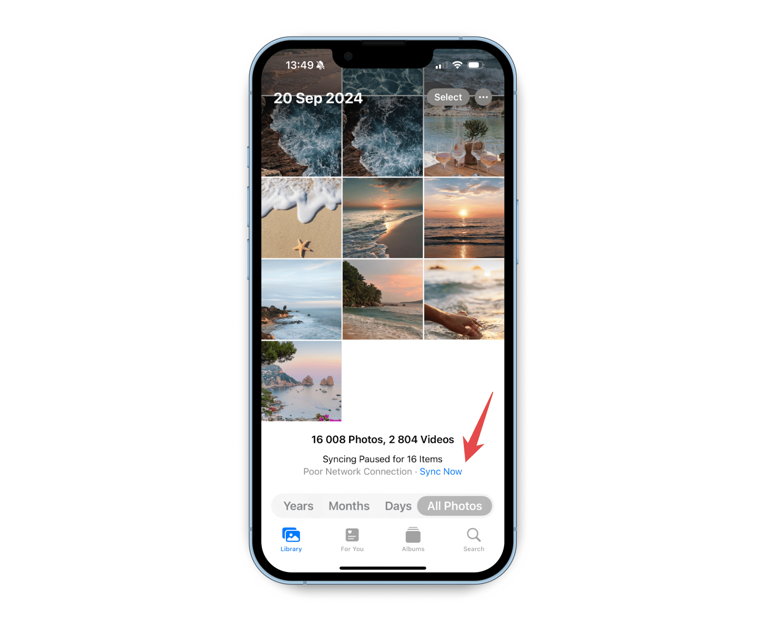 Google Photos app > Sync now