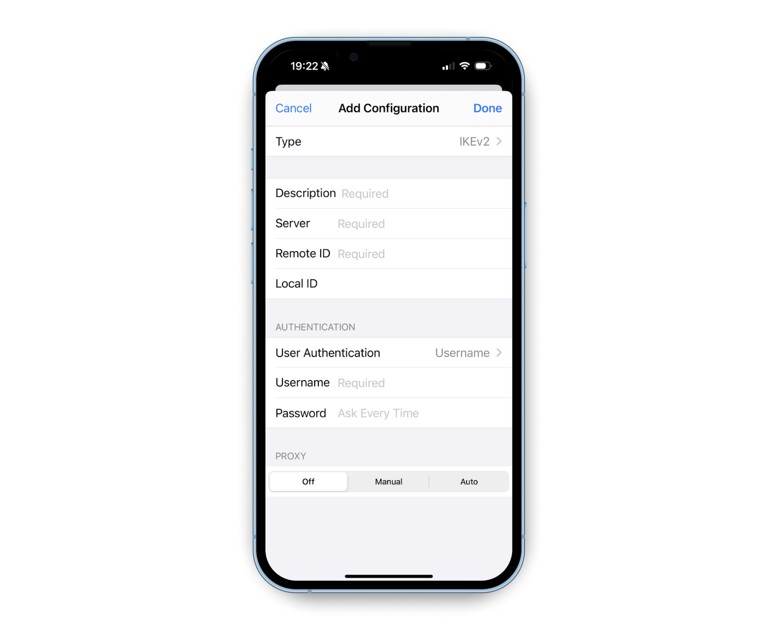 configure VPN settings for an iPhone manually