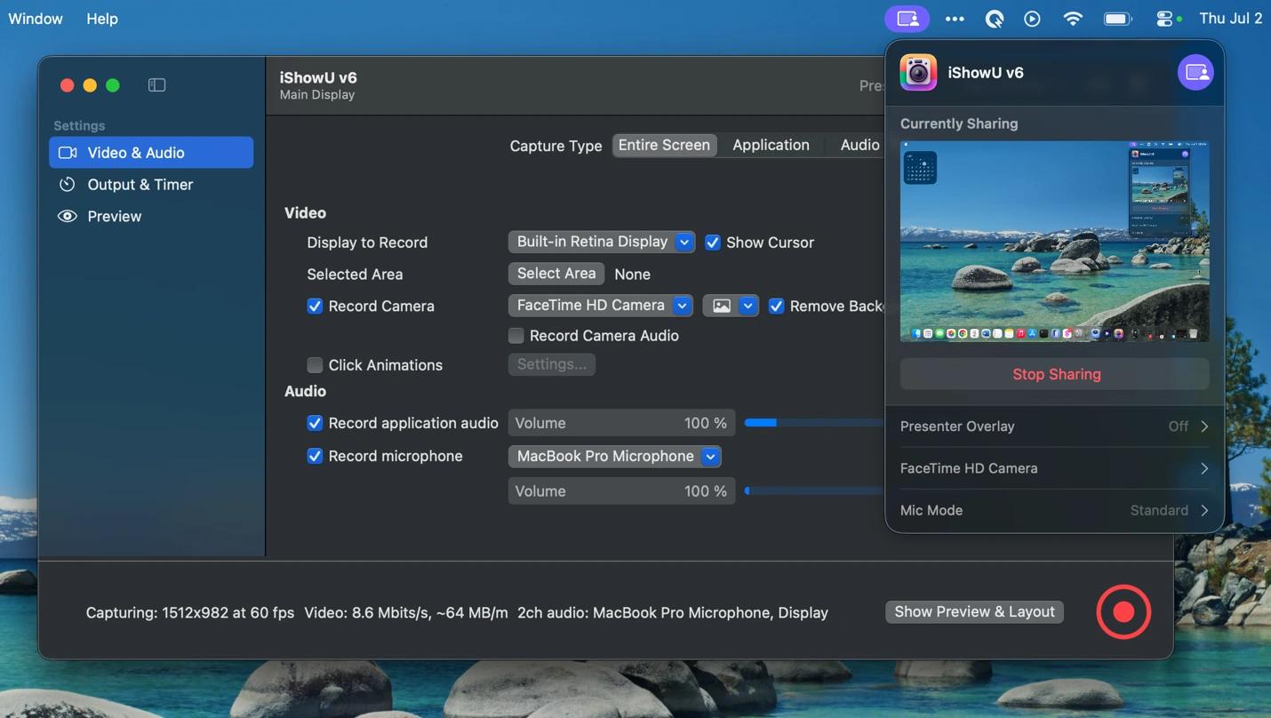 Recording the screen with webcam and audio using iShowU, a screen recording app from Setapp