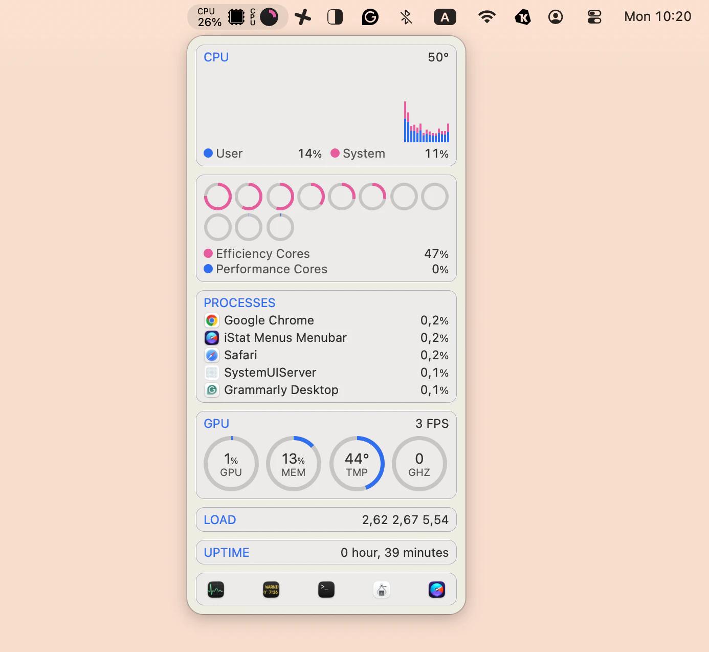 The many bar stats of CPU in iStat Menus, a Mac system monitoring app that is available on Setapp.