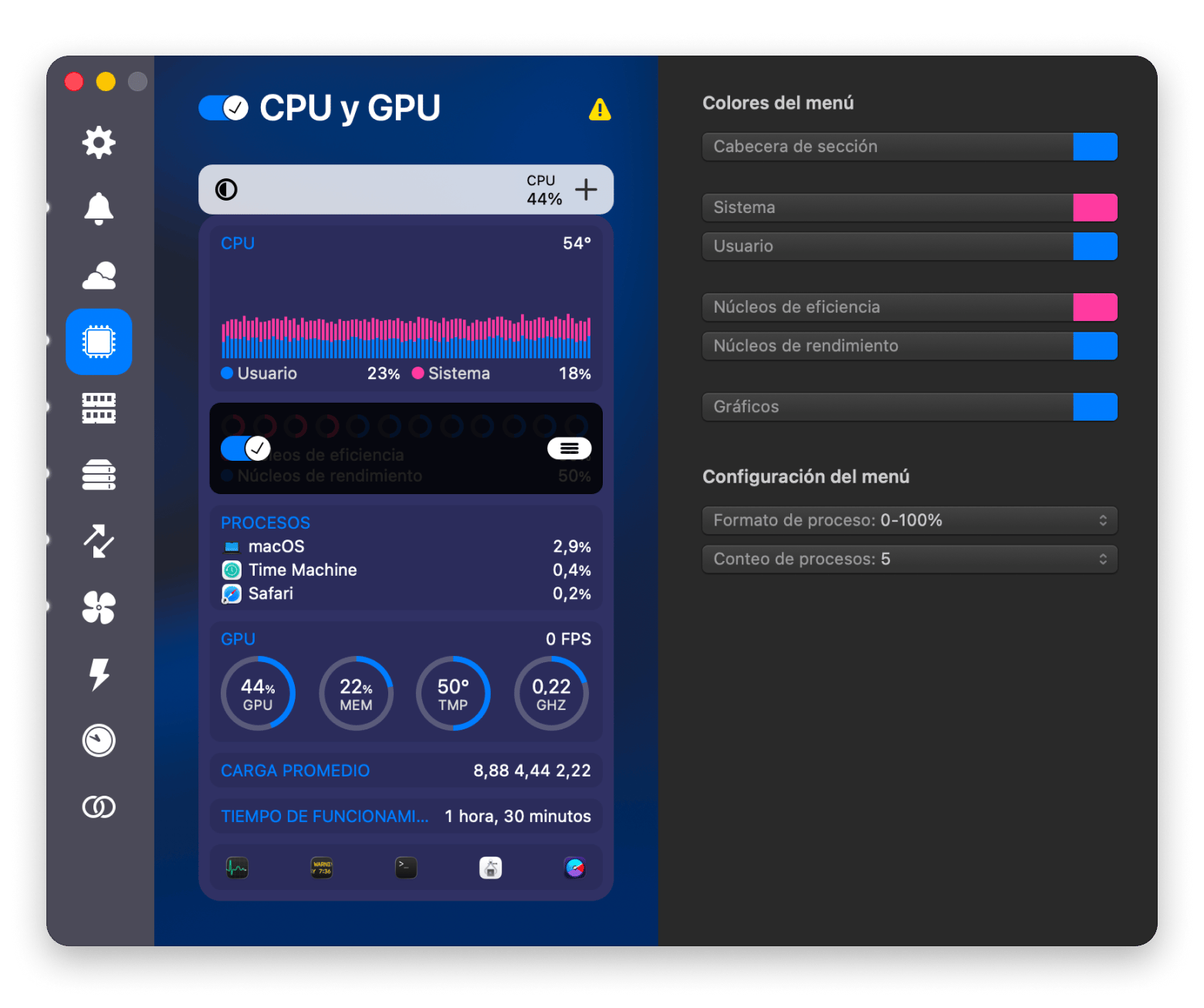 La pestaña CPU y GPU de iStat Menus, una app de monitorización del sistema disponible en Setapp La pestaña CPU y GPU de iStat Menus, una app de monitorización del sistema disponible en Setapp