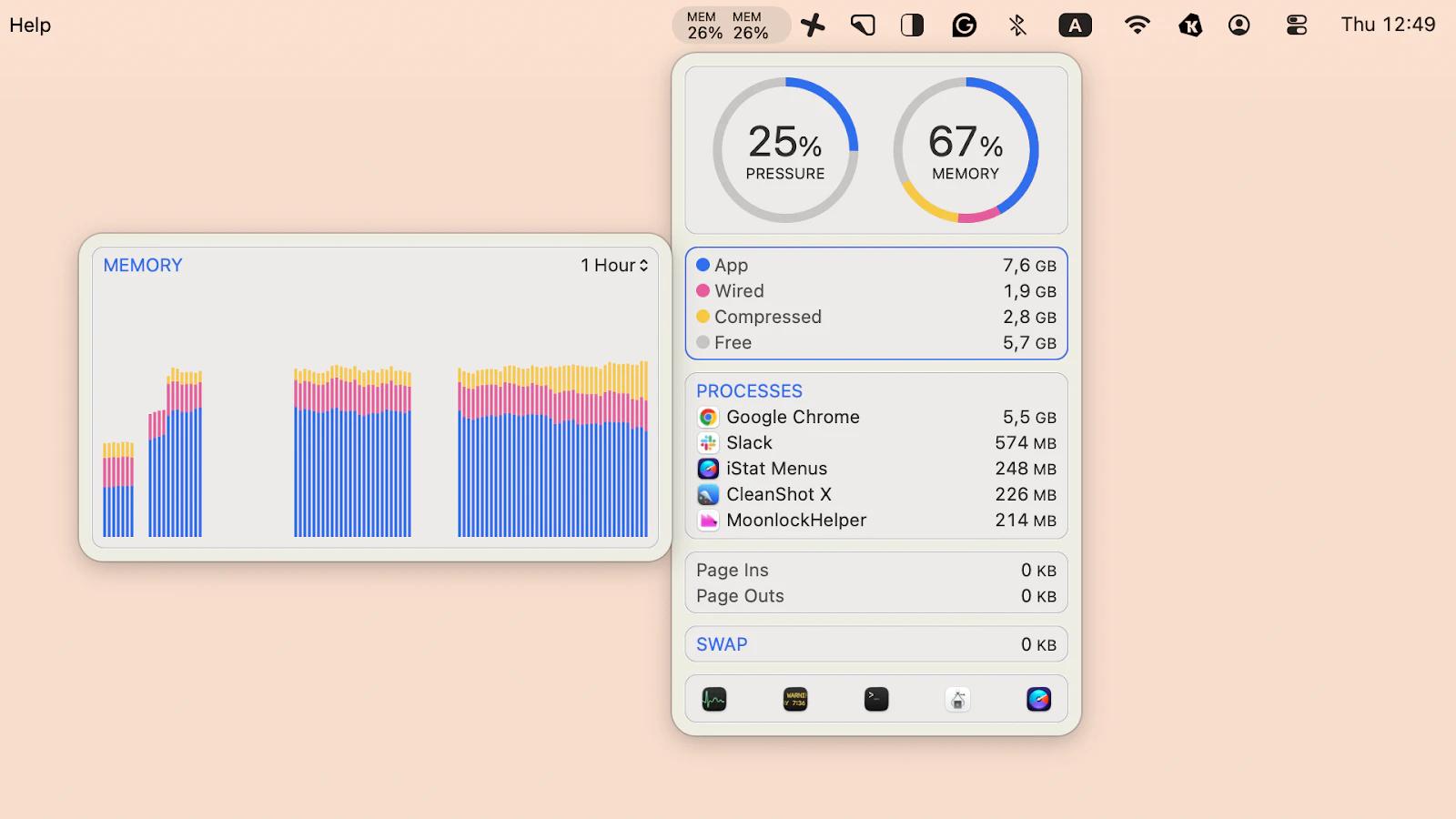 The Memory menu bar window in iStat Menus, a Mac system monitoring app that is available on Setapp.