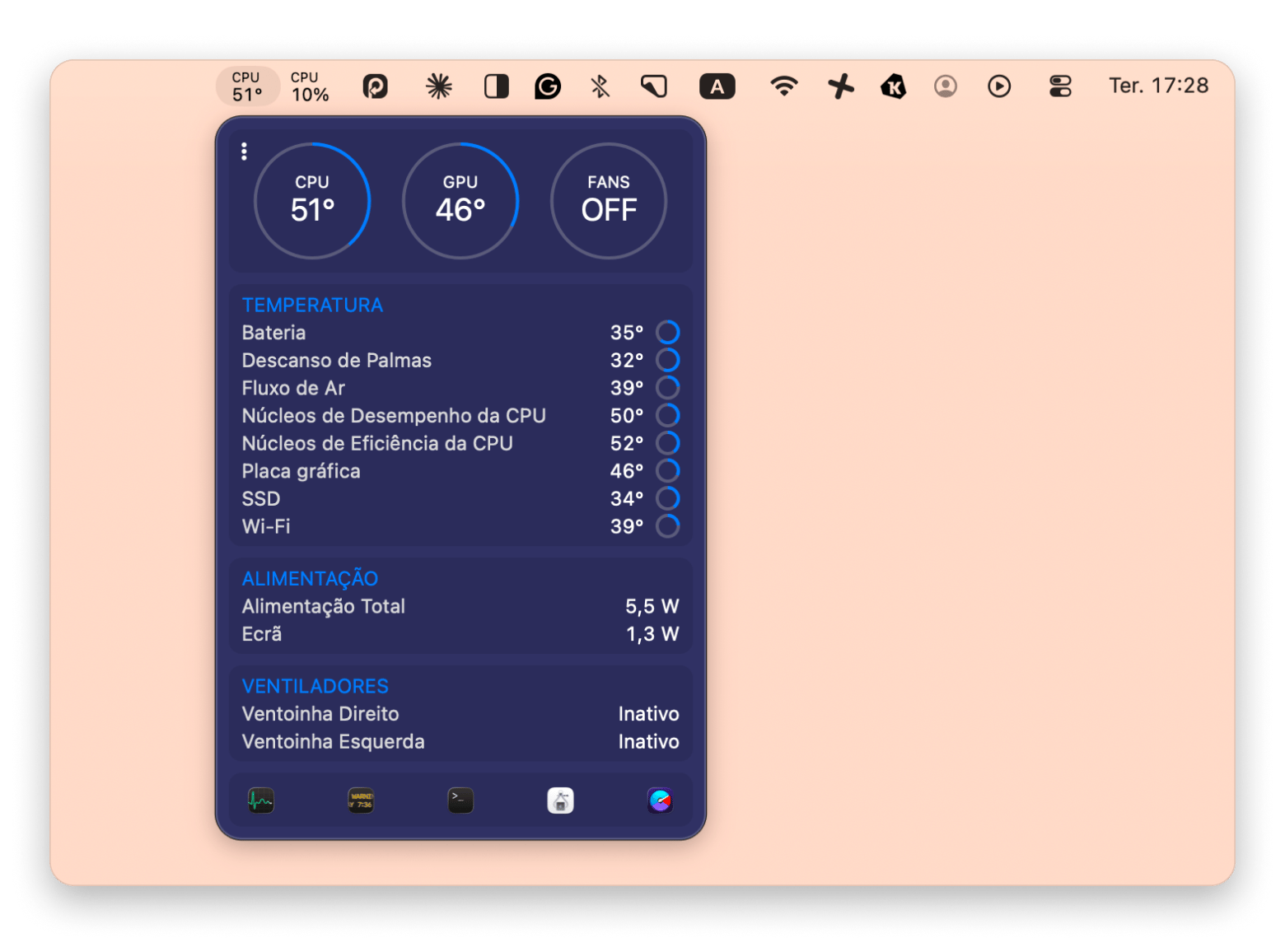 iStat Menus exibindo o status S.M.A.R.T. de um HD externo na barra de menus do Mac, disponível no Setapp