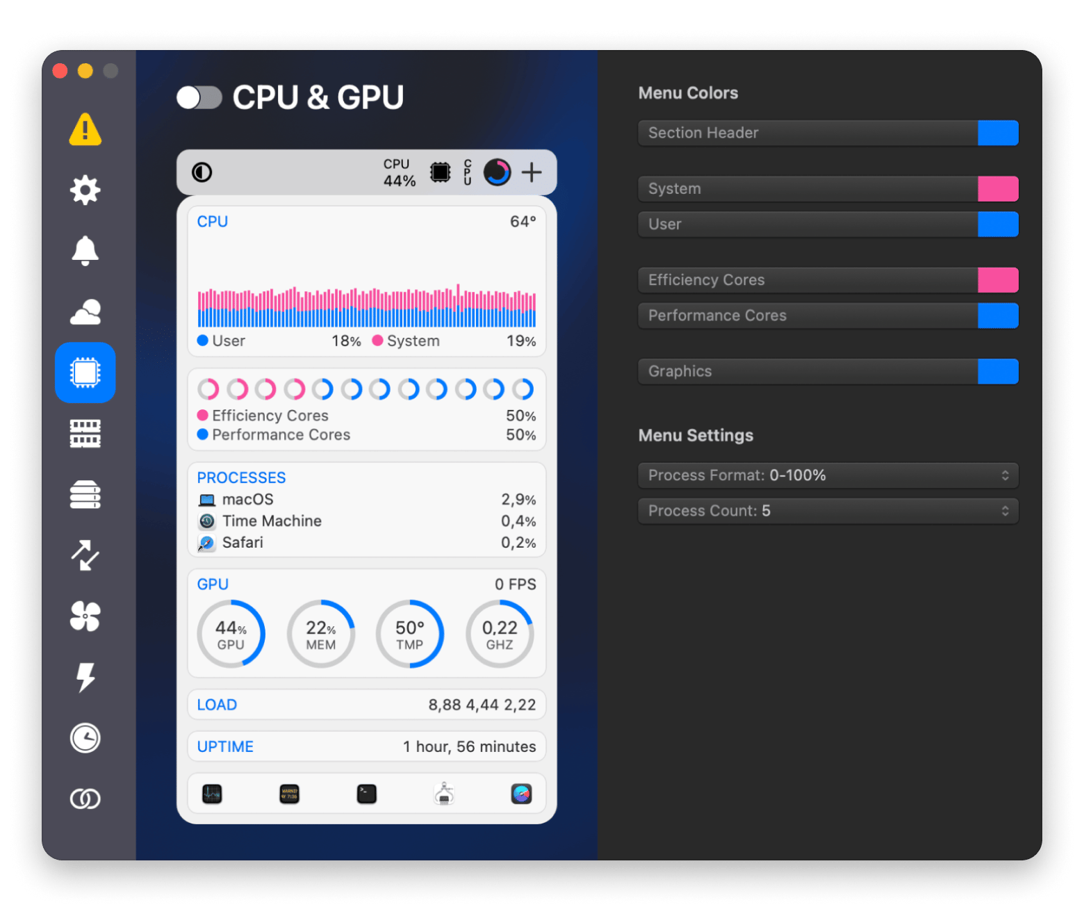 iStat Menus affichant l'état S.M.A.R.T. d'un disque externe dans la barre de menus du Mac avec indicateurs de santé, disponible sur Setapp