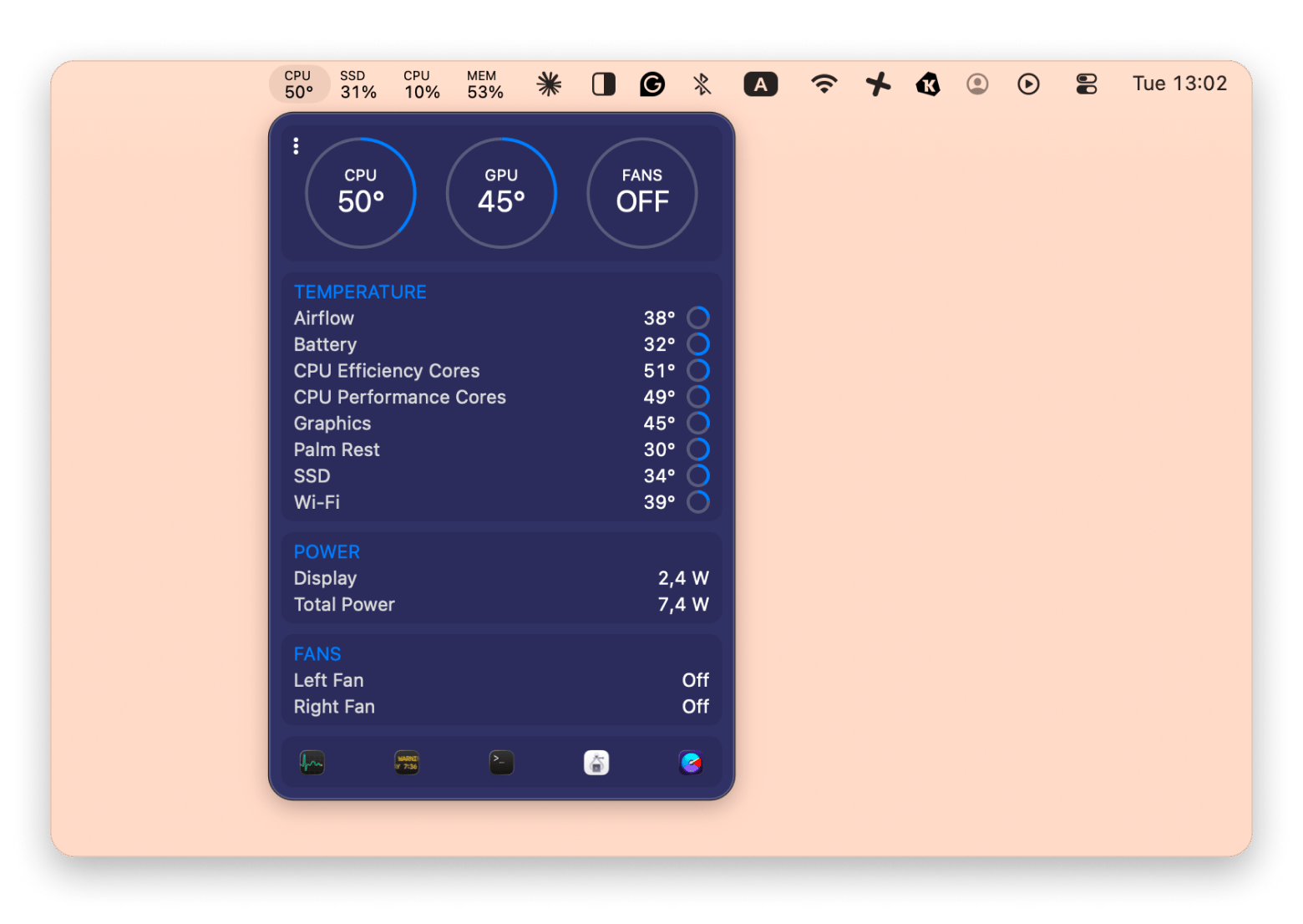 The iStat Menus menu bar panel showing temperature and fan speed on Mac, available on Setapp