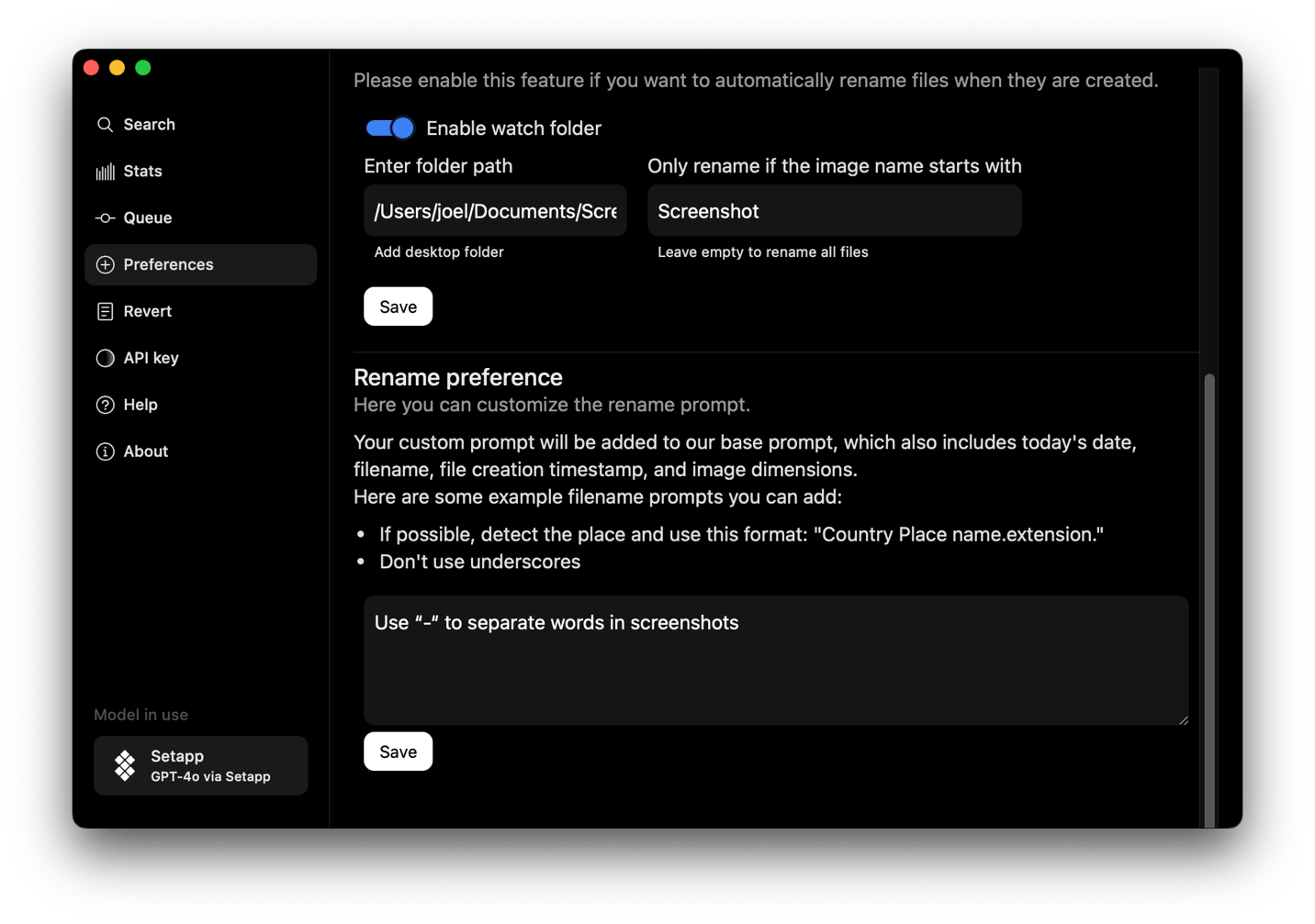 The preferences interface of Keep It Shot, an AI renaming app available on Setapp.