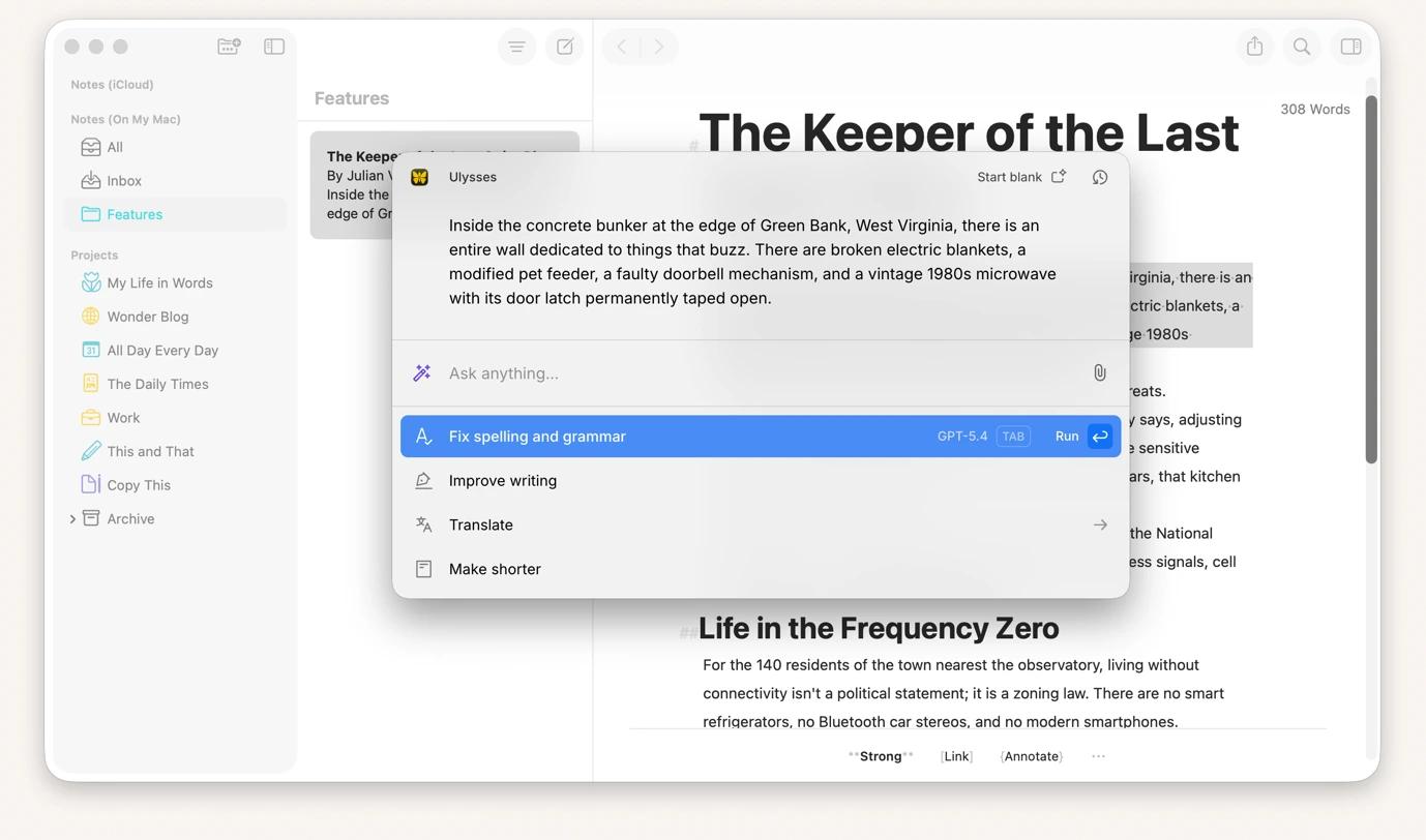 AI writing assistance through Kerlig, an AI tool available on Setapp