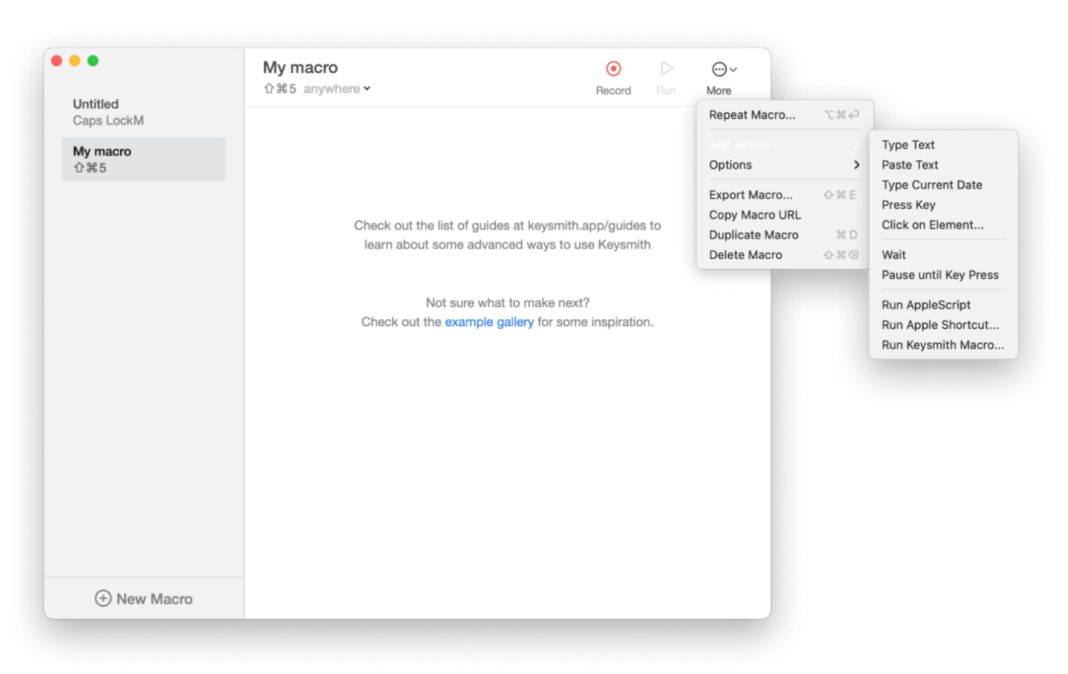 Interface de Keysmith montrant l'enregistrement d'une macro de clics et de frappes clavier sur Mac, disponible sur Setapp