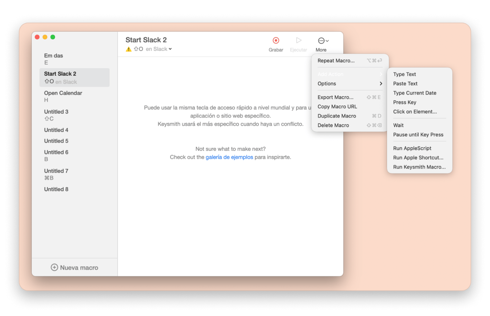 Keysmith grabando una macro con acciones de teclado en Mac