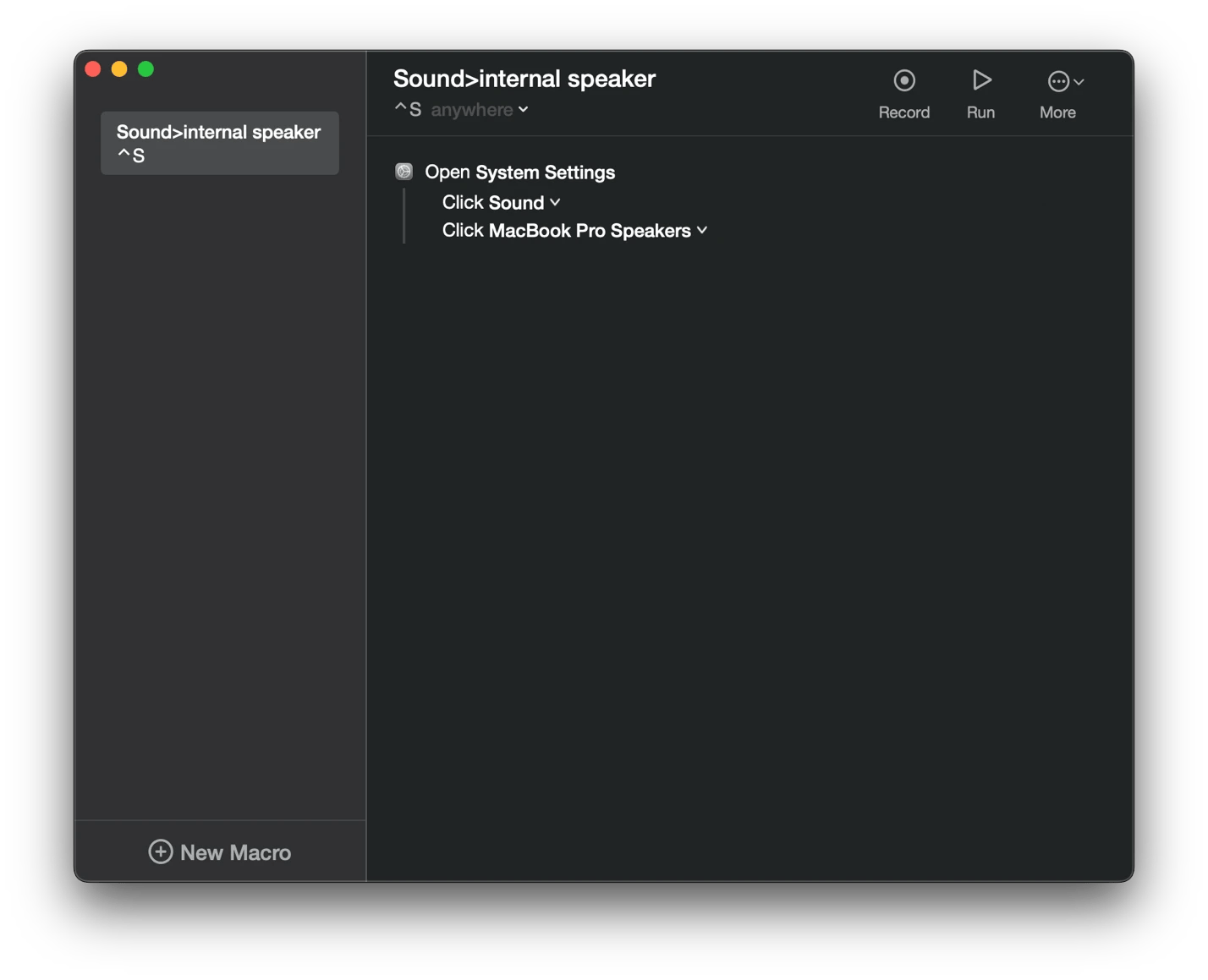 Creating a macro to switch to the internal speaker in Keysmith, a macro automation app from Setapp