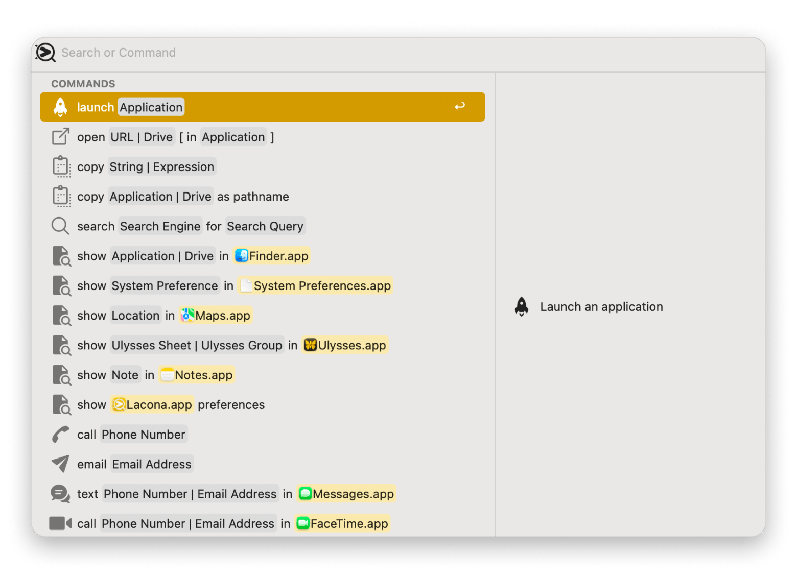 Interface do Lacona mostrando um comando em linguagem natural para executar uma ação no macOS, disponível no Setapp