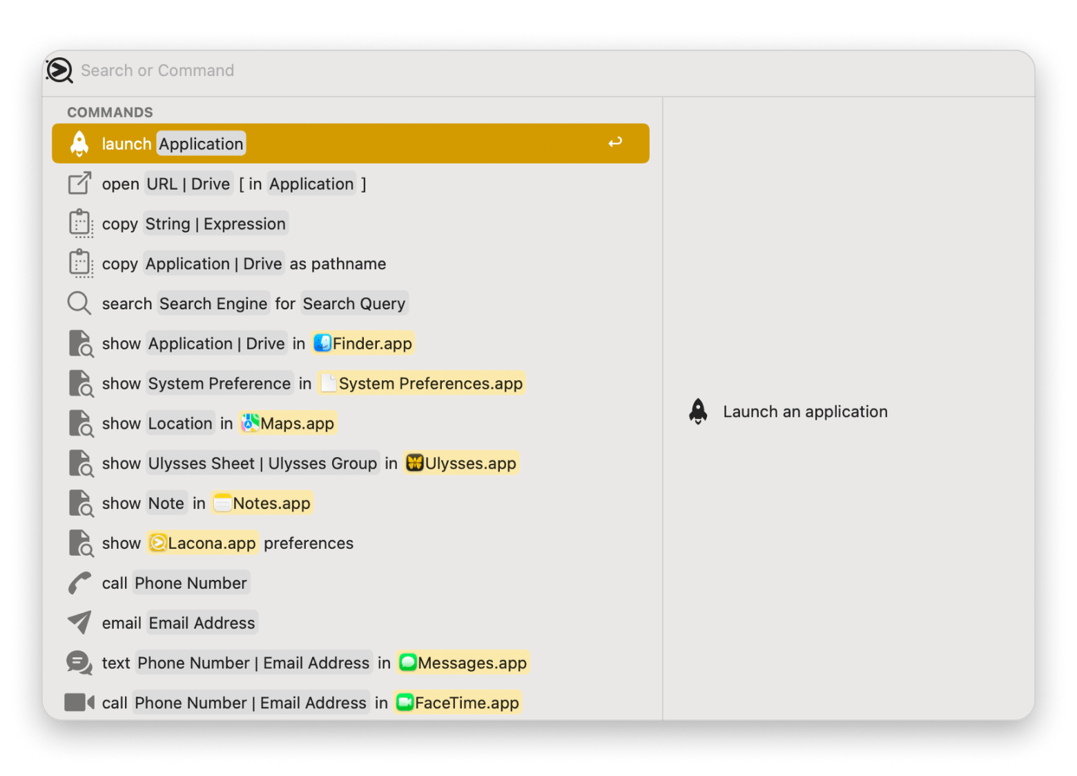 Interface de Lacona montrant une commande en langage naturel tapée pour exécuter une action sur macOS, disponible sur Setapp