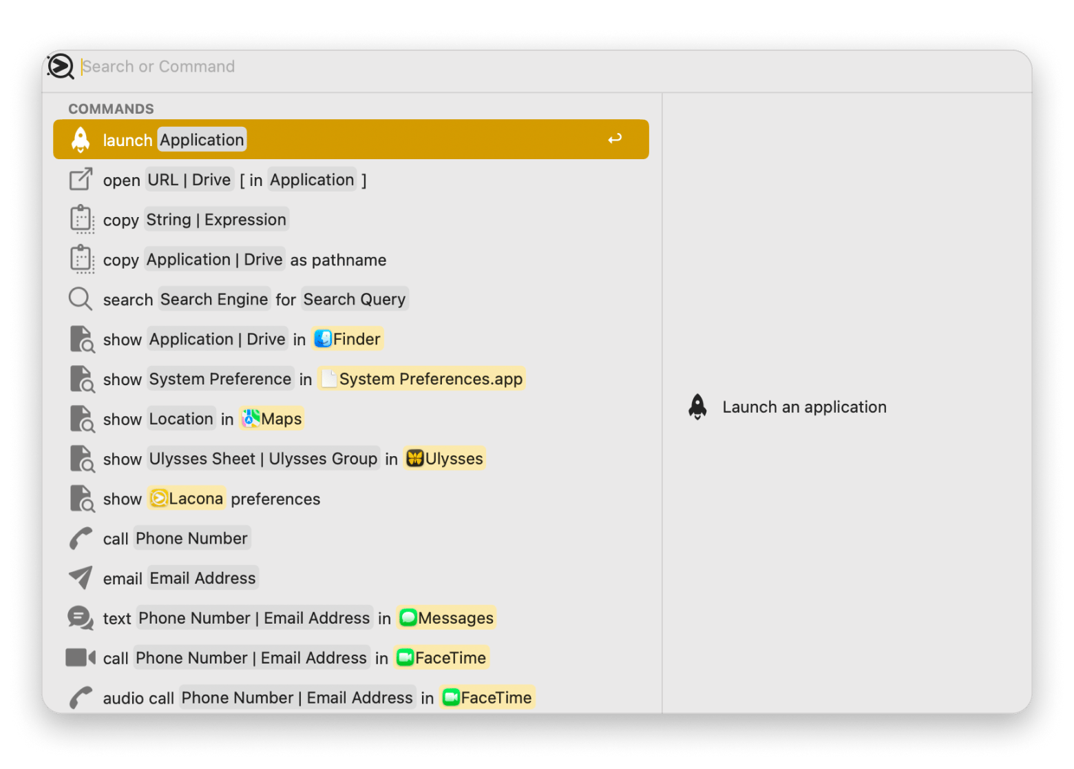 The search and command interface in Lacona, a Mac launcher app available on Setapp