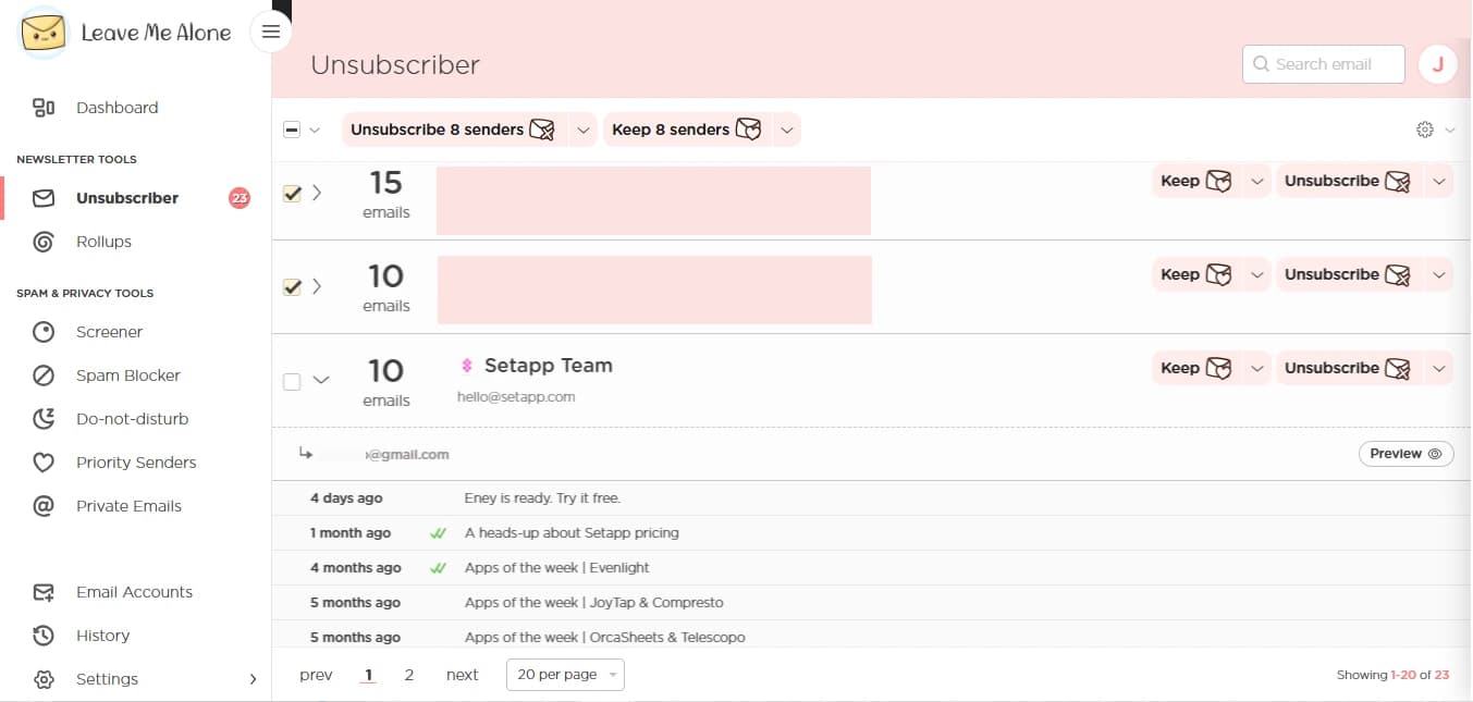 Web interface of Leave Me Alone, an email organization tool available on Setapp