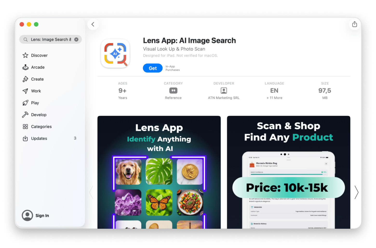 The interface of Lens: Image Search & Identify, an AI-powered visual search and identification app available on the Mac App Store