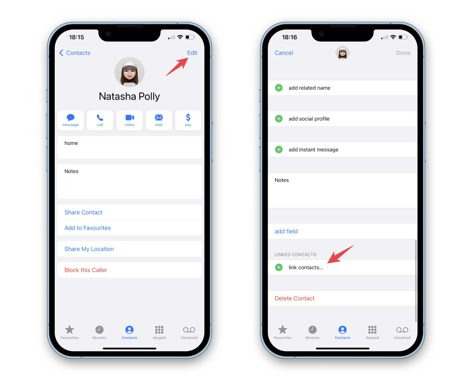 link contacts on iPhone