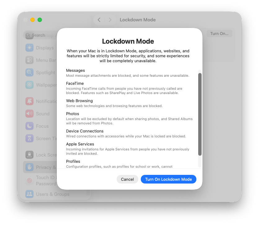 Enabling lockdown mode on Mac Enabling lockdown mode on Mac