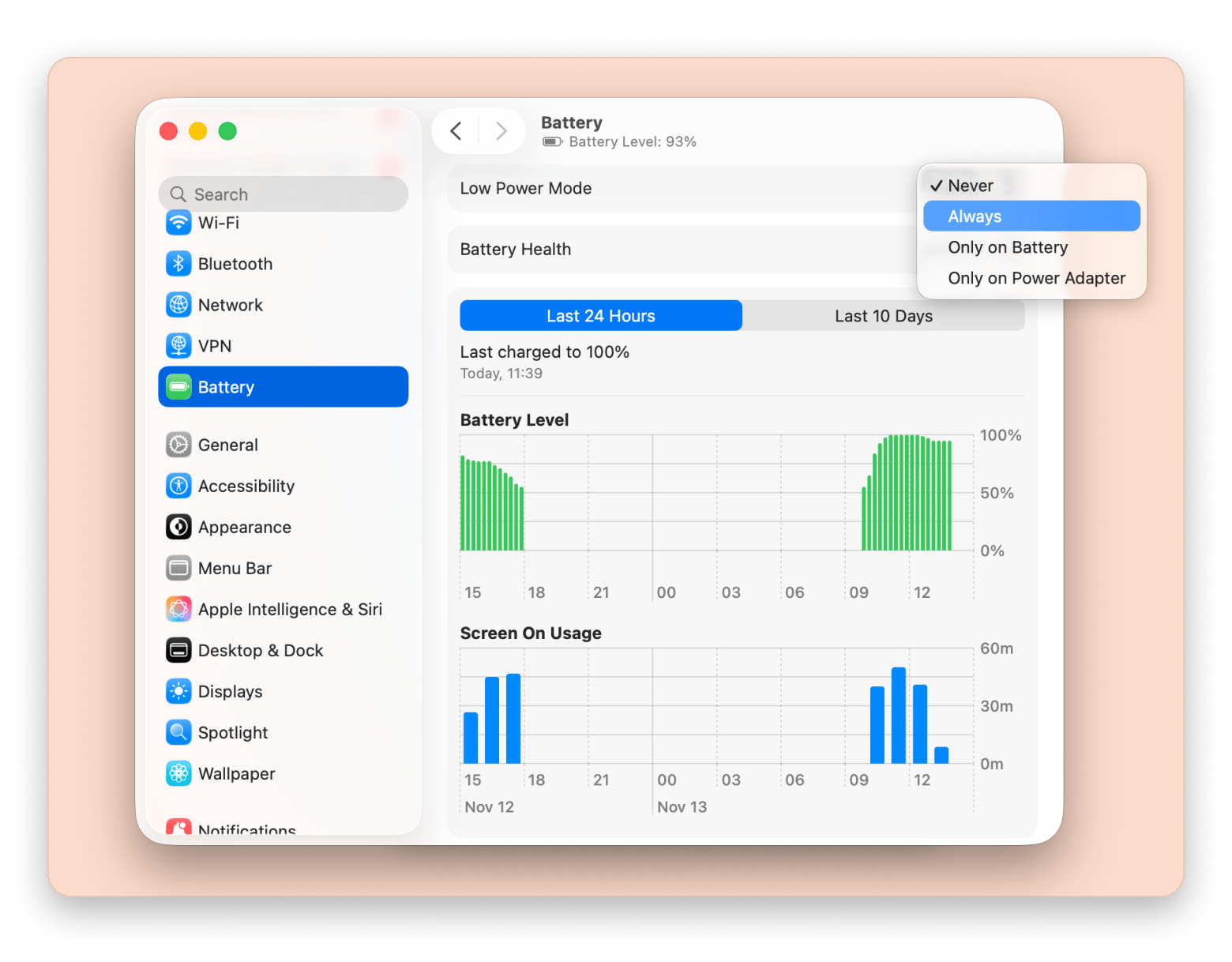 Low power mode turn on MacOS Tahoe