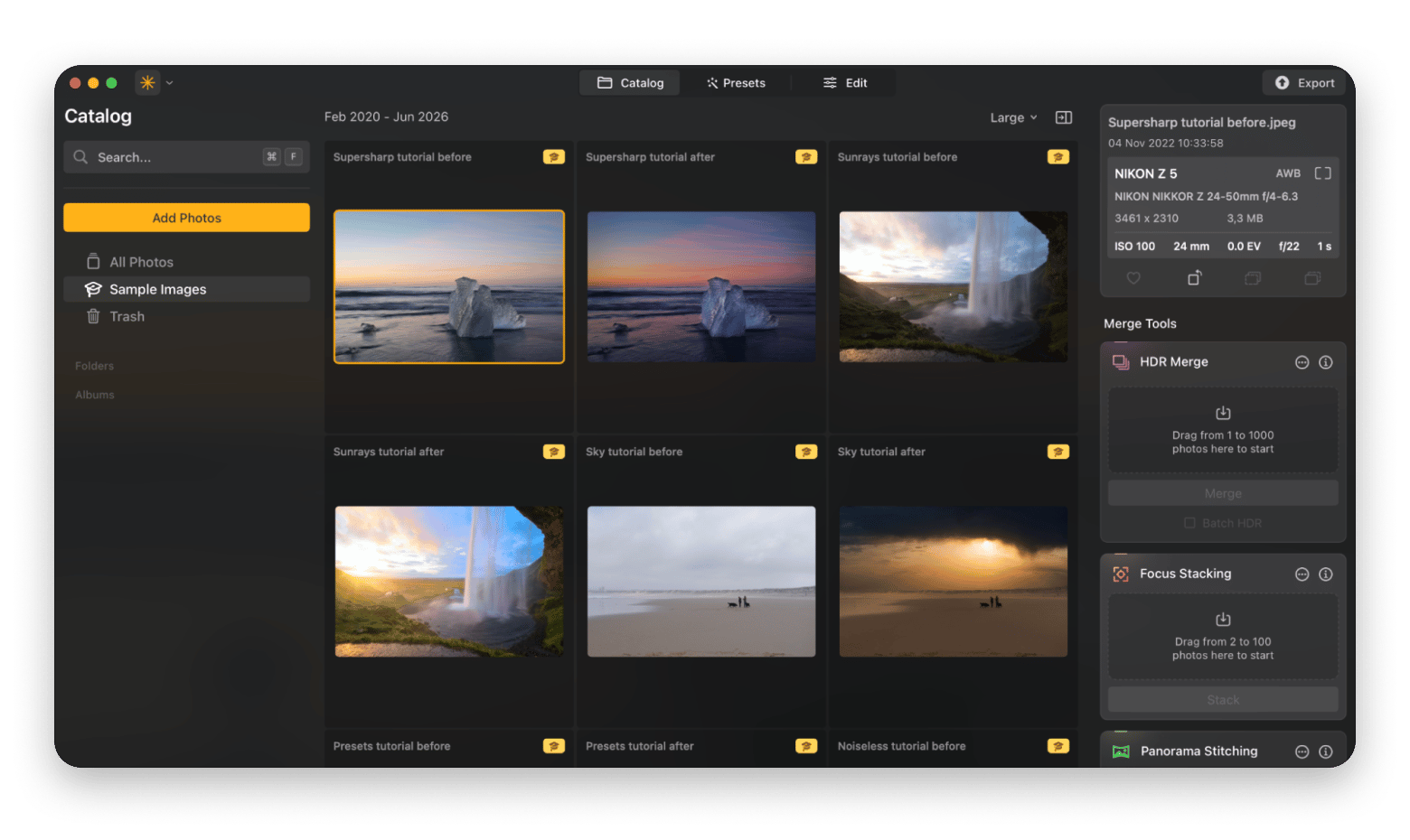 Luminar Neo's Sky AI feature replacing a sky in a landscape photo, an AI photo editor available on Setapp