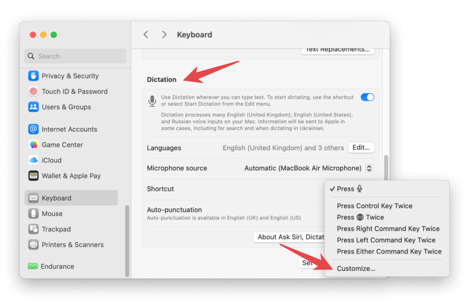 customize shortcut in mac dictation