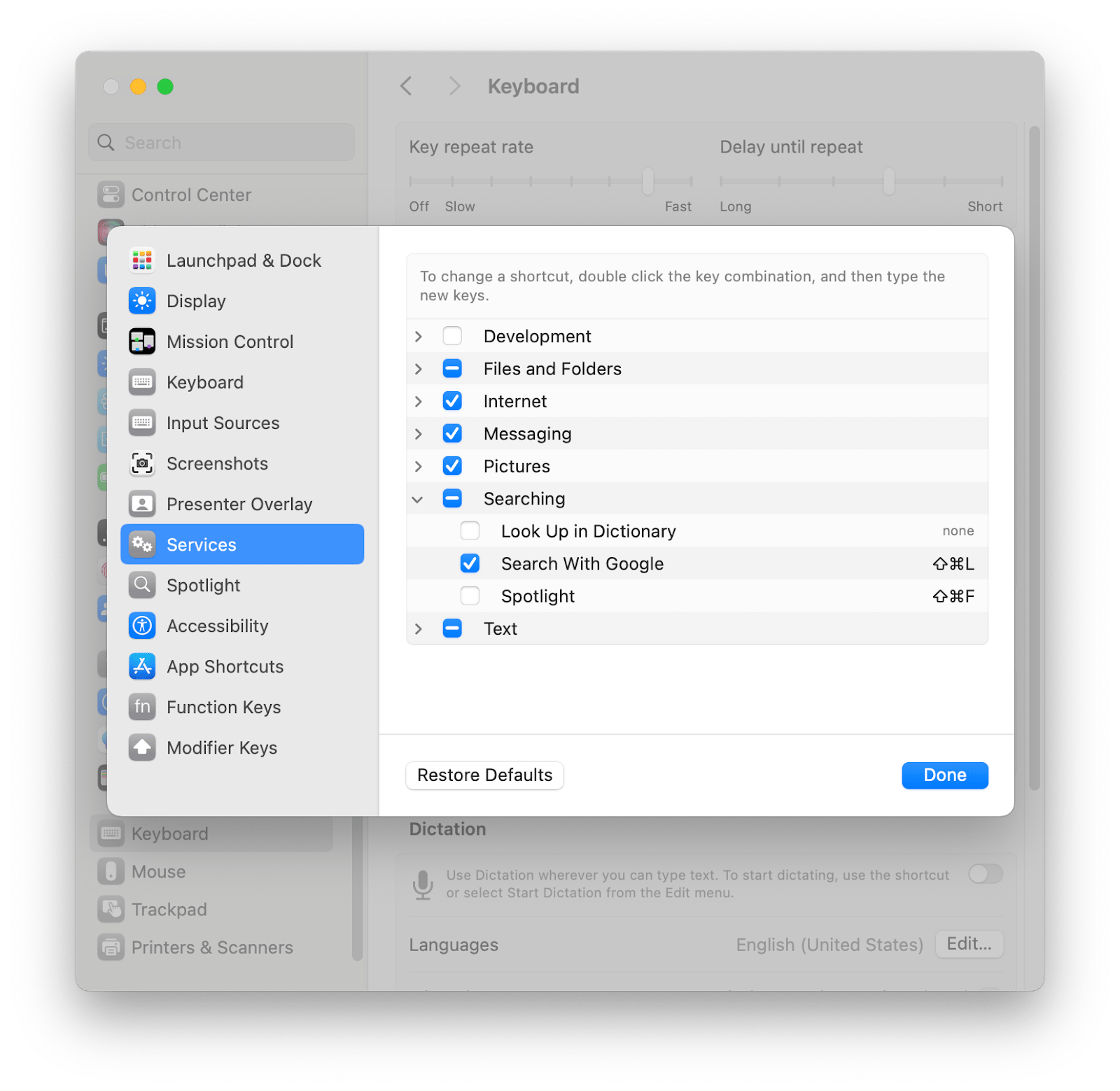 mac disable shortcut for dictionary look up