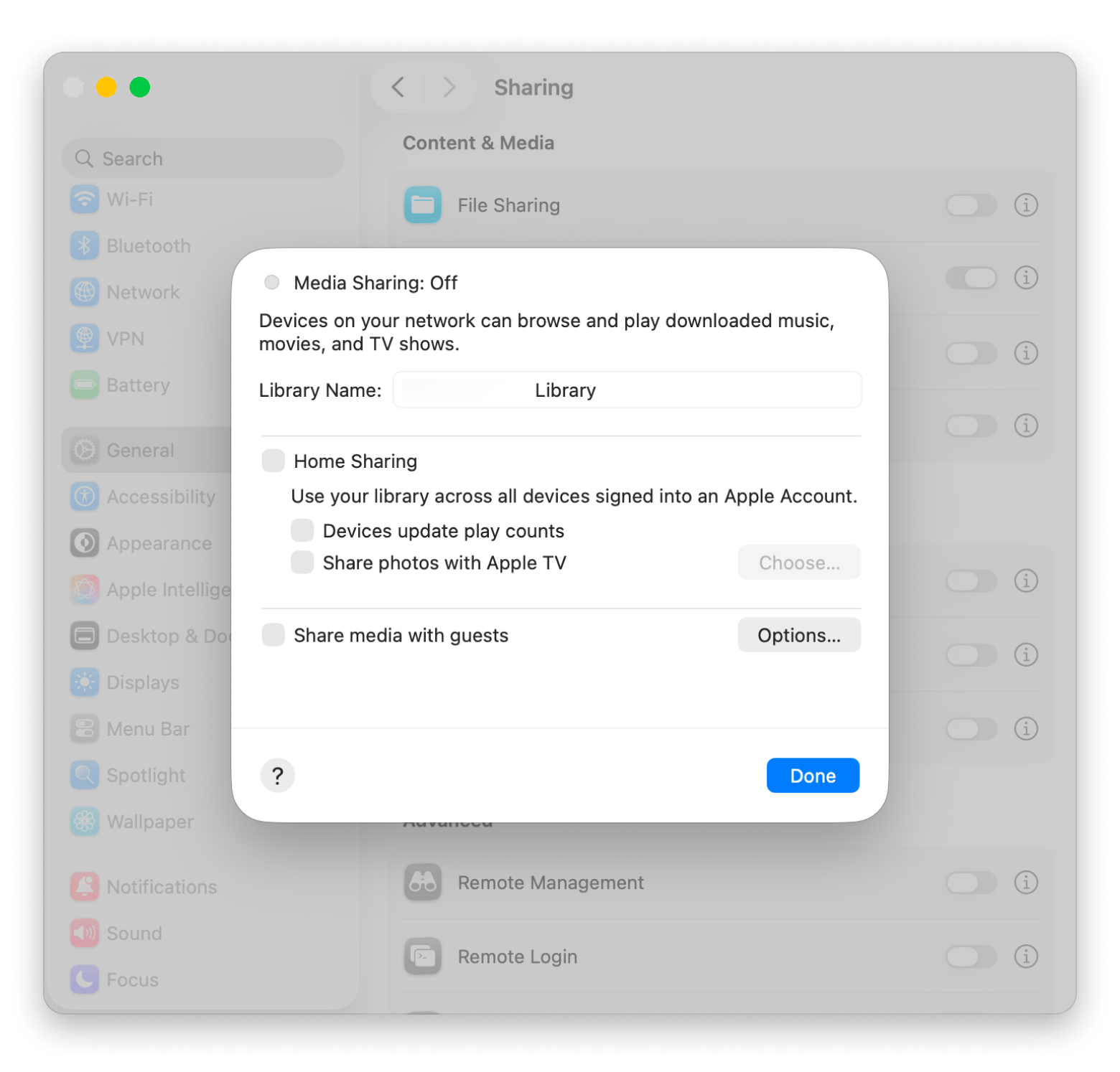 Mac system settings sharing media home sharing