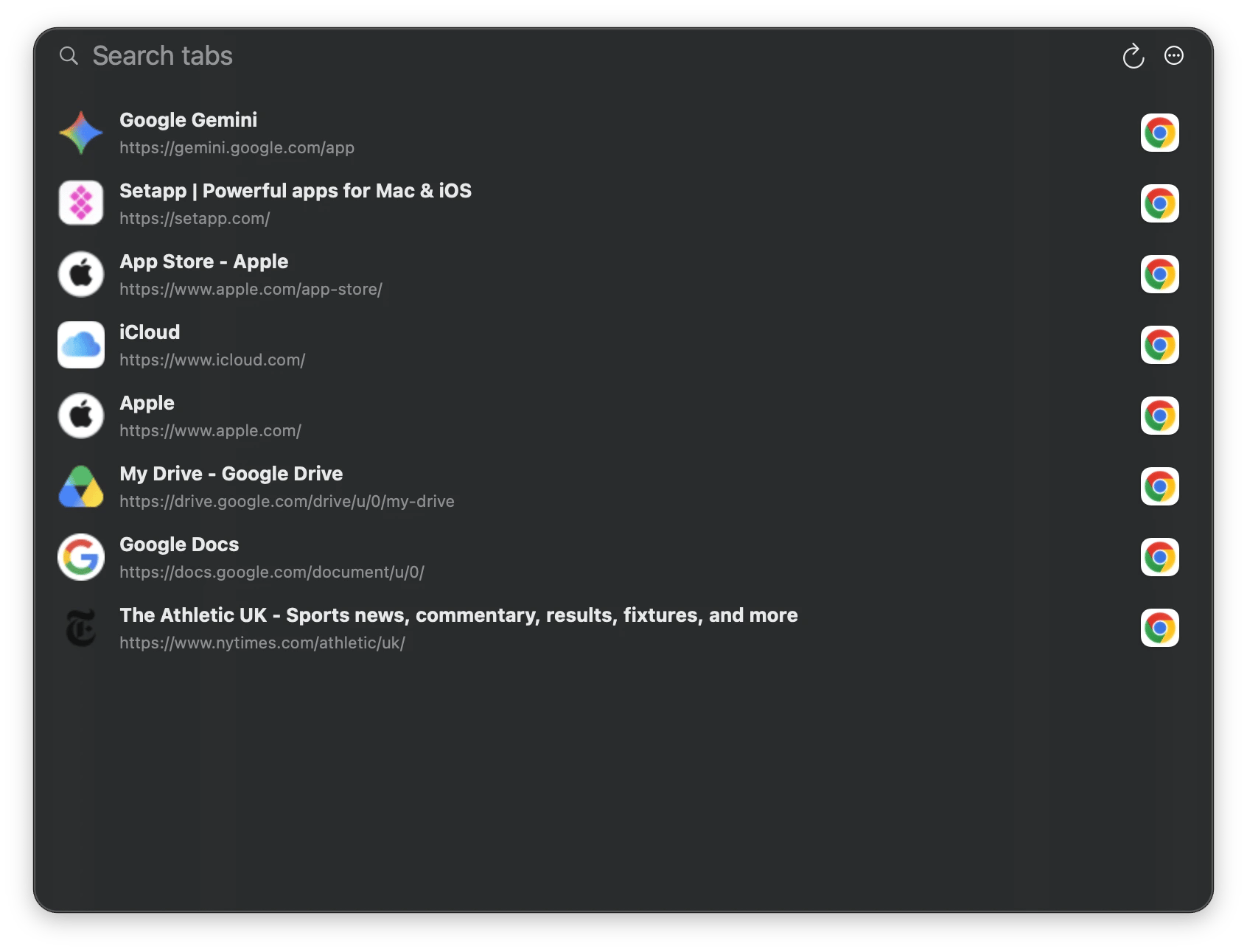 Searching open tabs in the Chrome browser on Mac using Tab Finder, a browser tabs navigator from Setapp