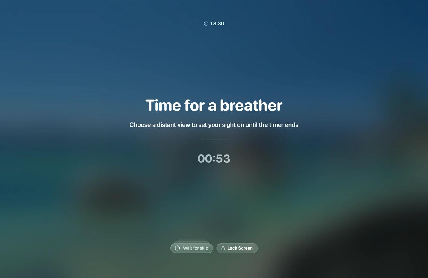 Break reminder screen with a countdown timer prompting a brief rest on Mac in LookAway, a break-reminder from Setapp