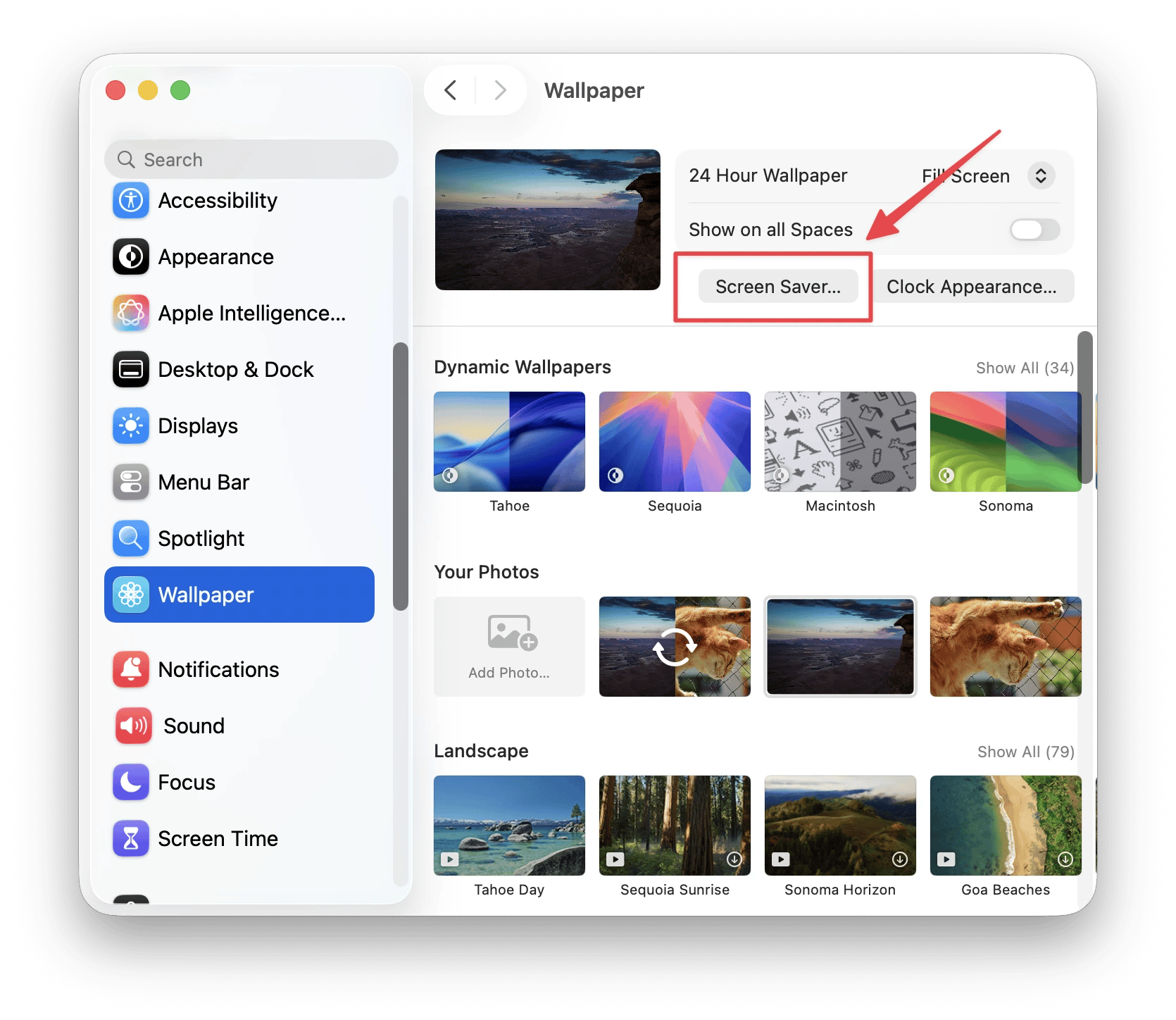 Opening the Screen Saver settings from the Wallpaper pane in macOS System Settings