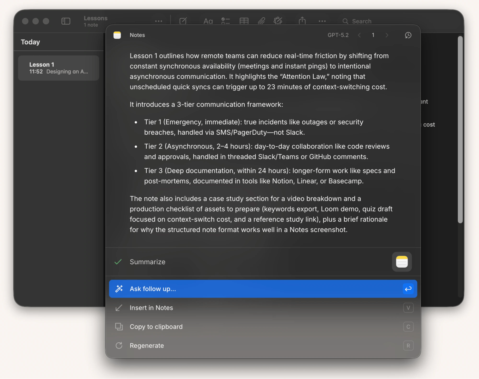 Summarizing an Apple Notes document with on-device AI using Manzoni, an AI writing assistant from Setapp