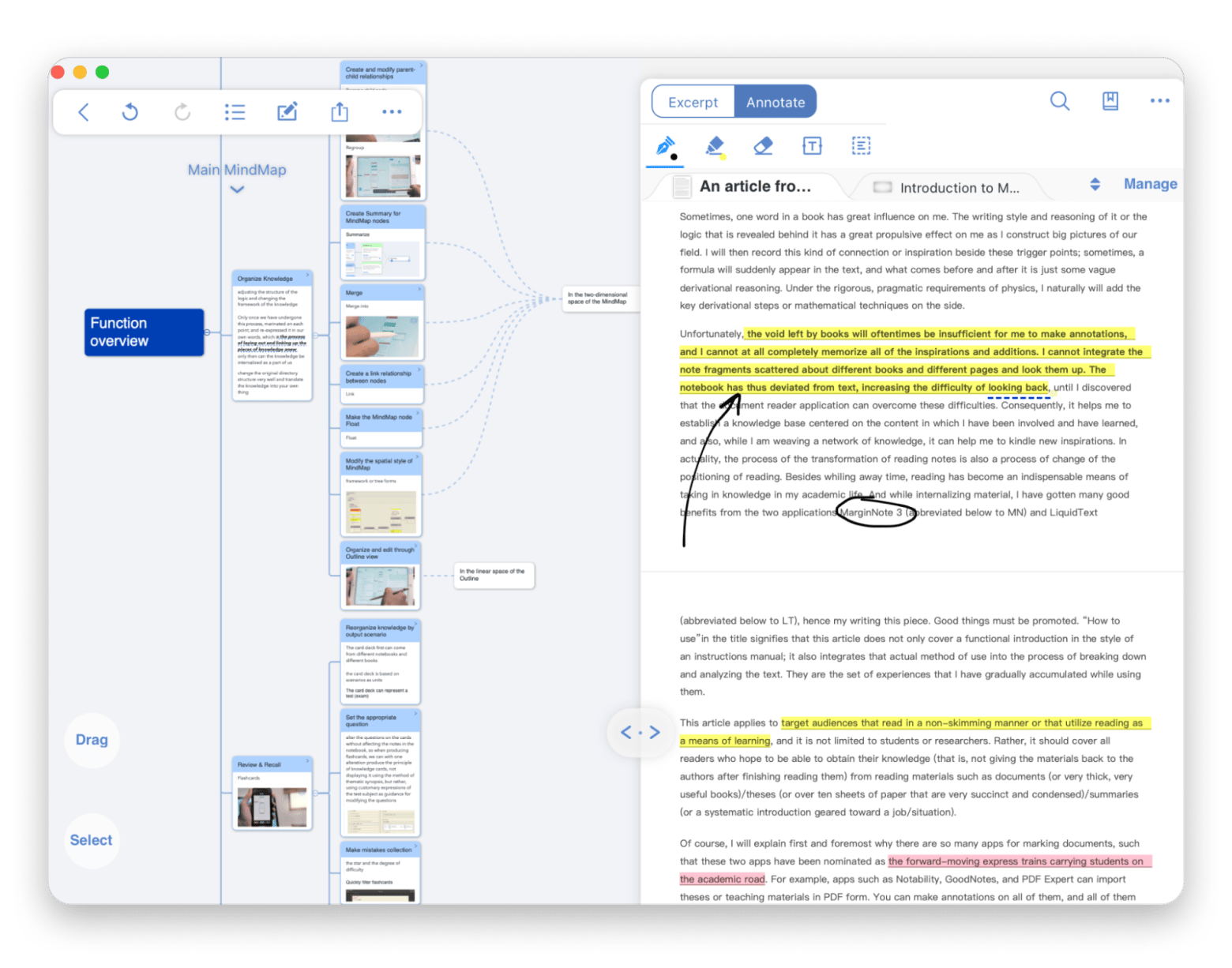 The interface of MarginNote, a reading and annotation app available on Setapp