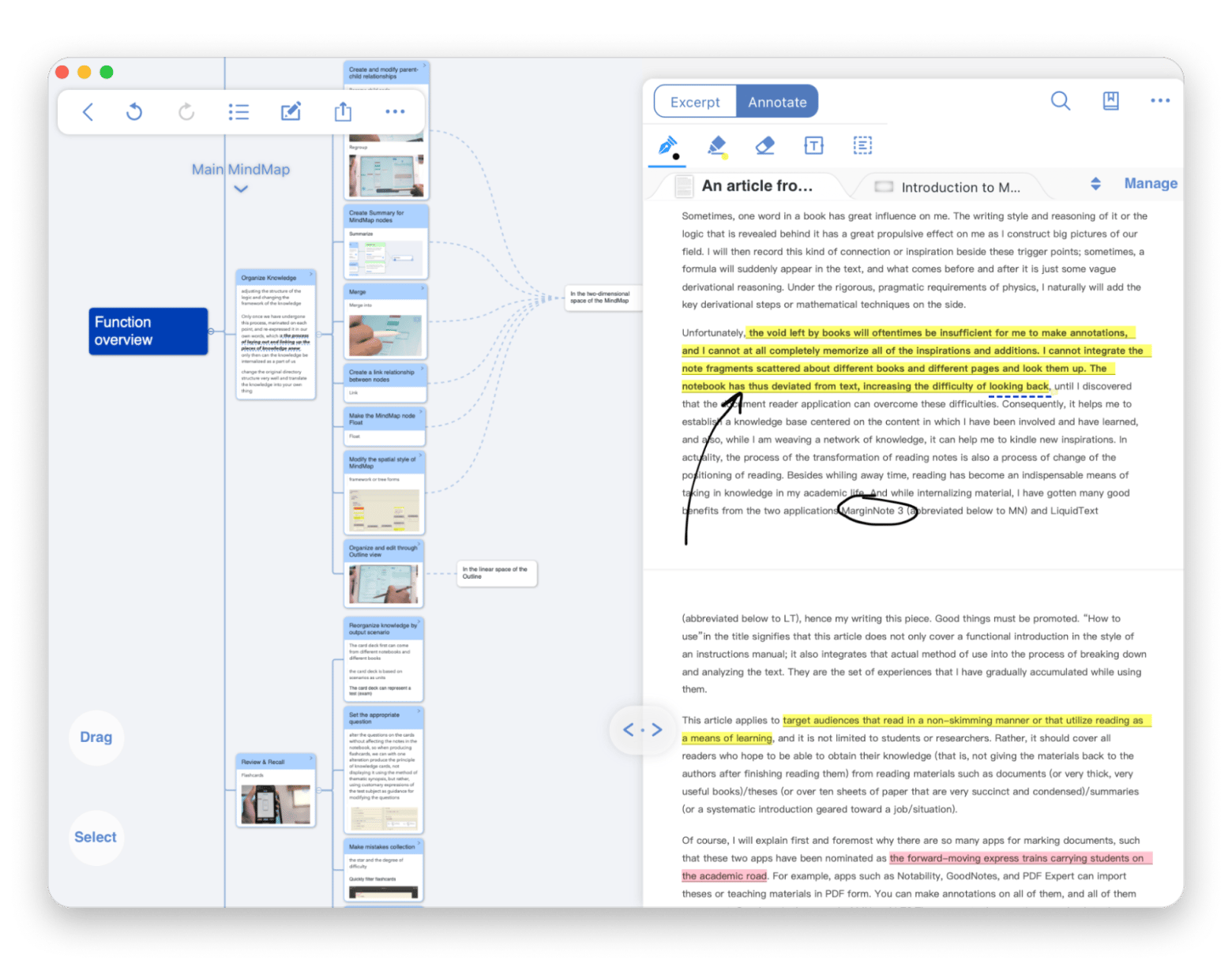 The interface of MarginNote, a study and note-taking app available on Setapp