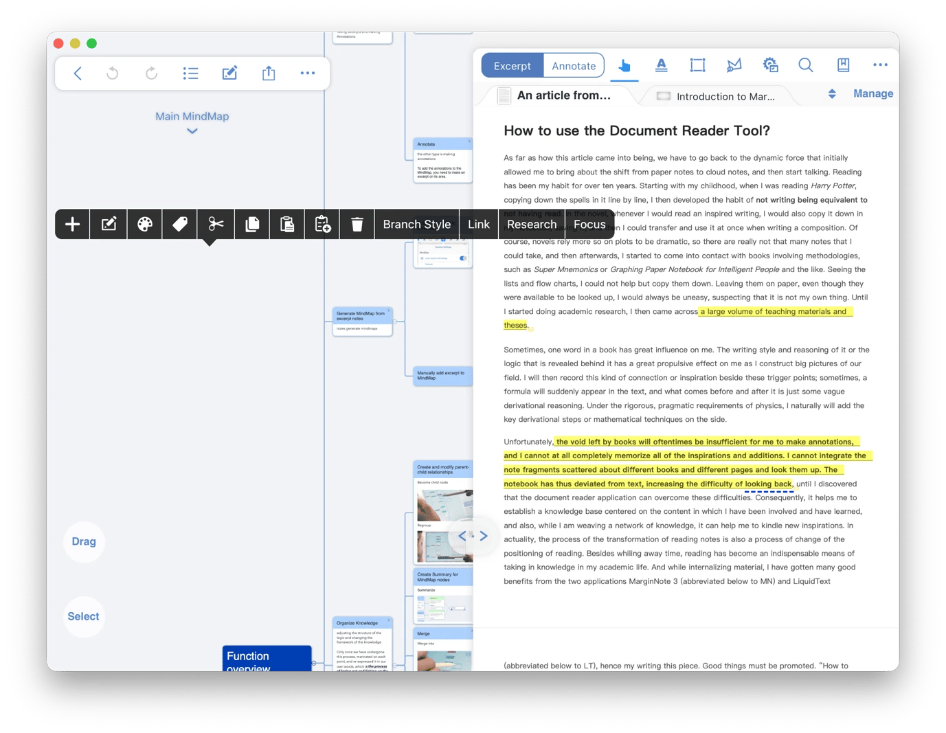 Organizing research notes and document excerpts in a mind map using MarginNote, a study and research app from Setapp