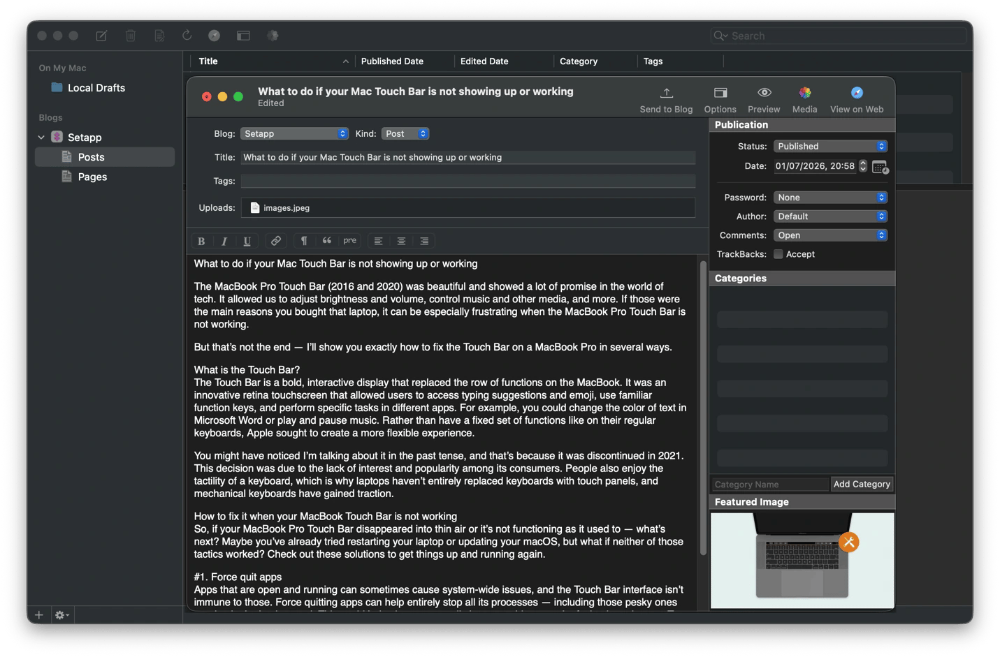 Drafting and publishing a blog post using MarsEdit, a blog publishing app from Setapp