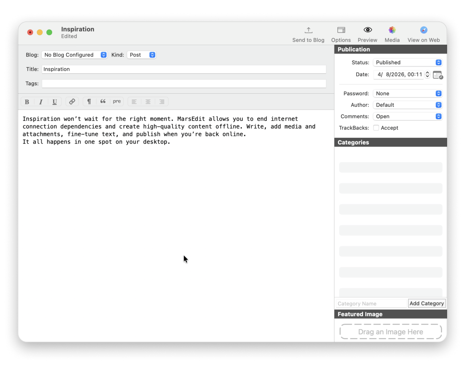 Creating a new post in MarsEdit, an offline blog editing app available on Setapp