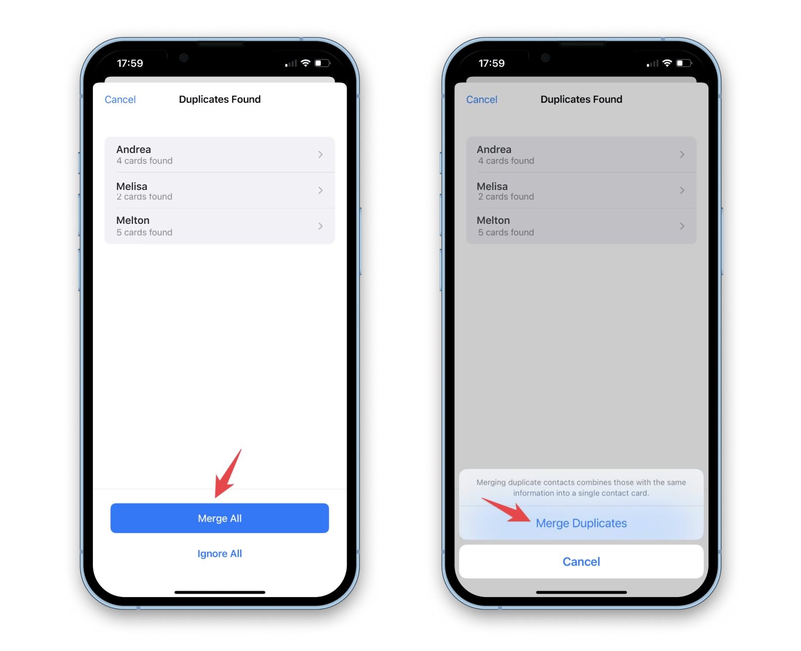 merge duplicate contact cards on iPhone