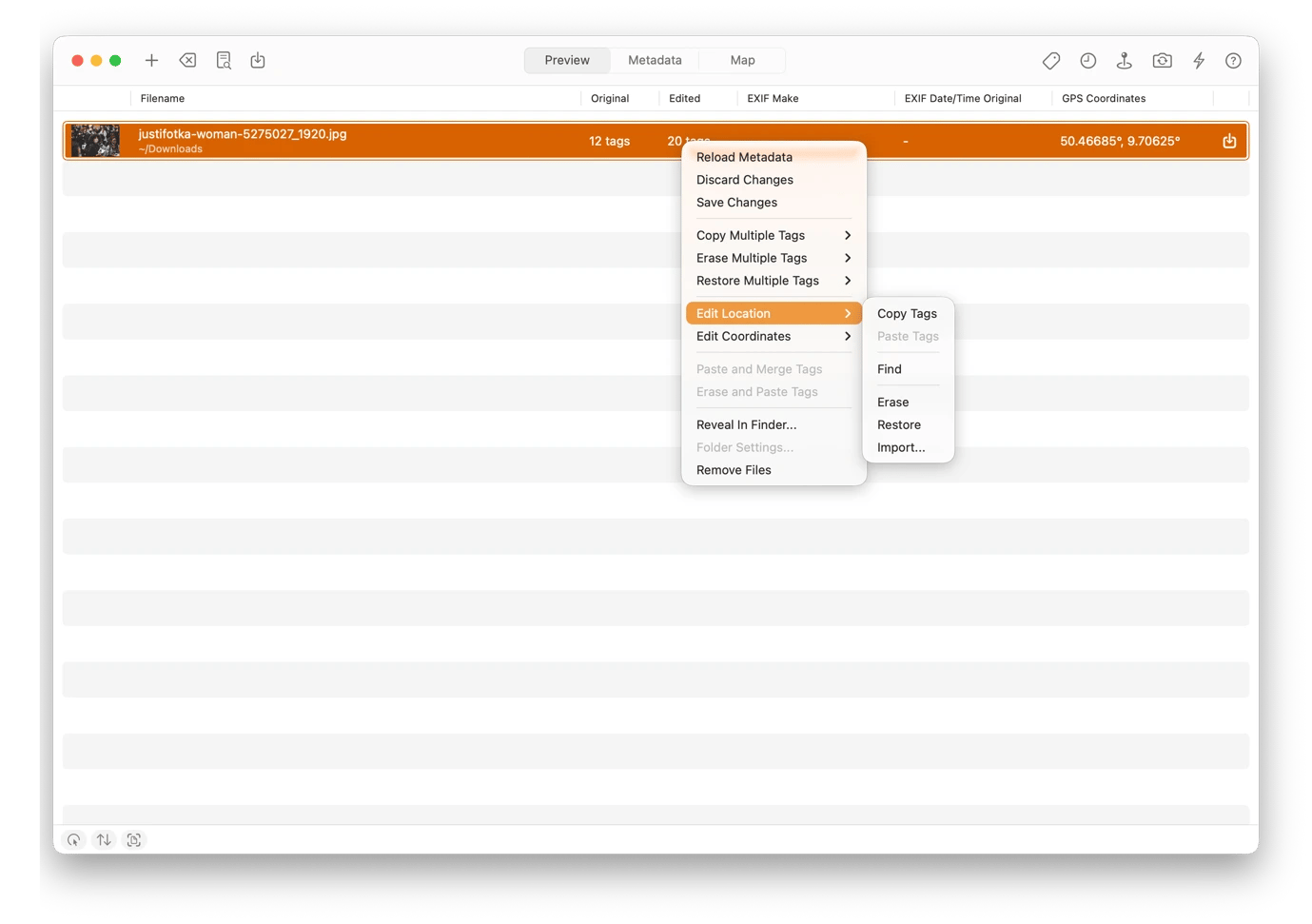 Metadata options on MetaImage, an image editor available on Setapp