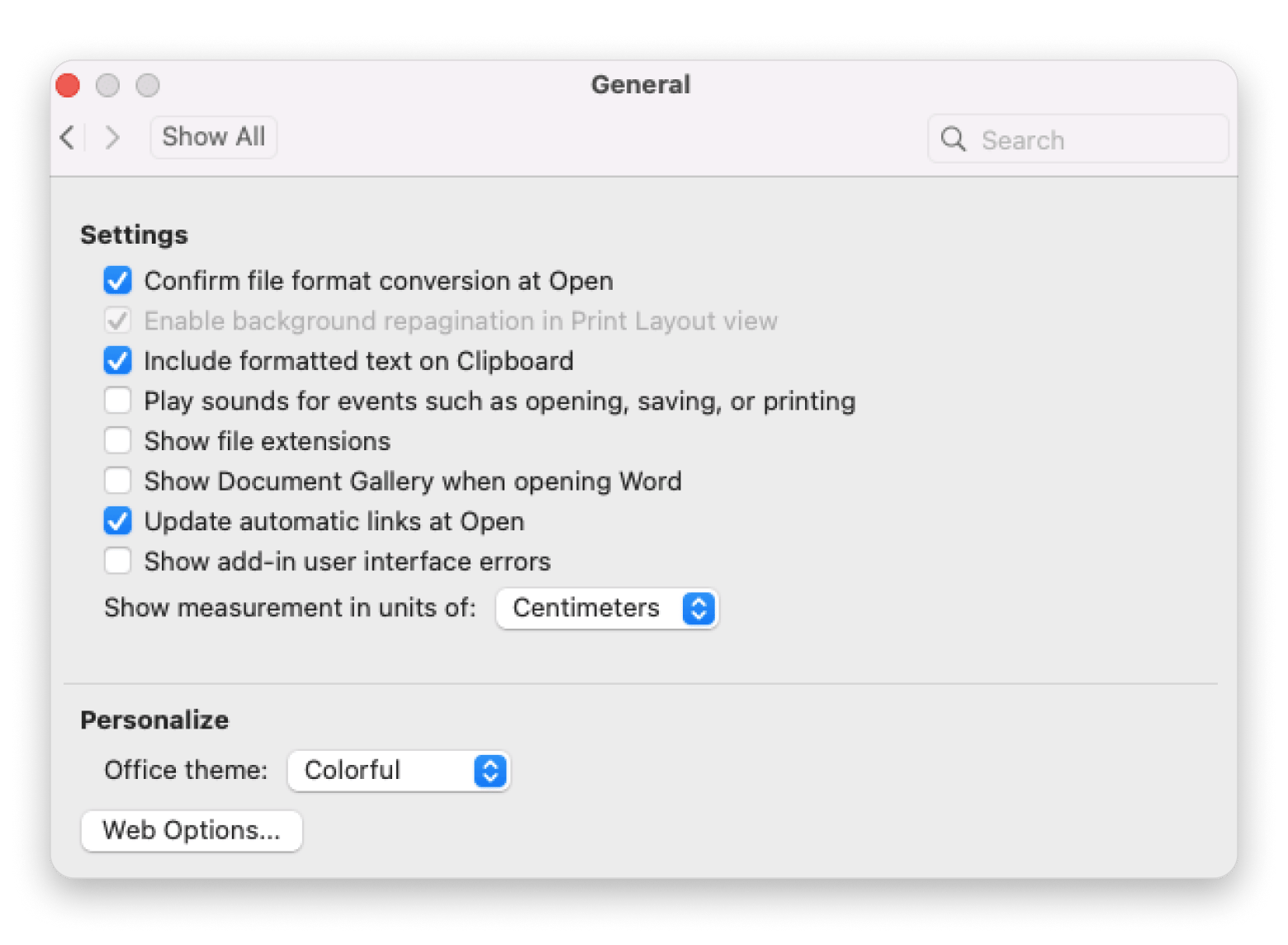 Microsoft word settings window Microsoft word settings window