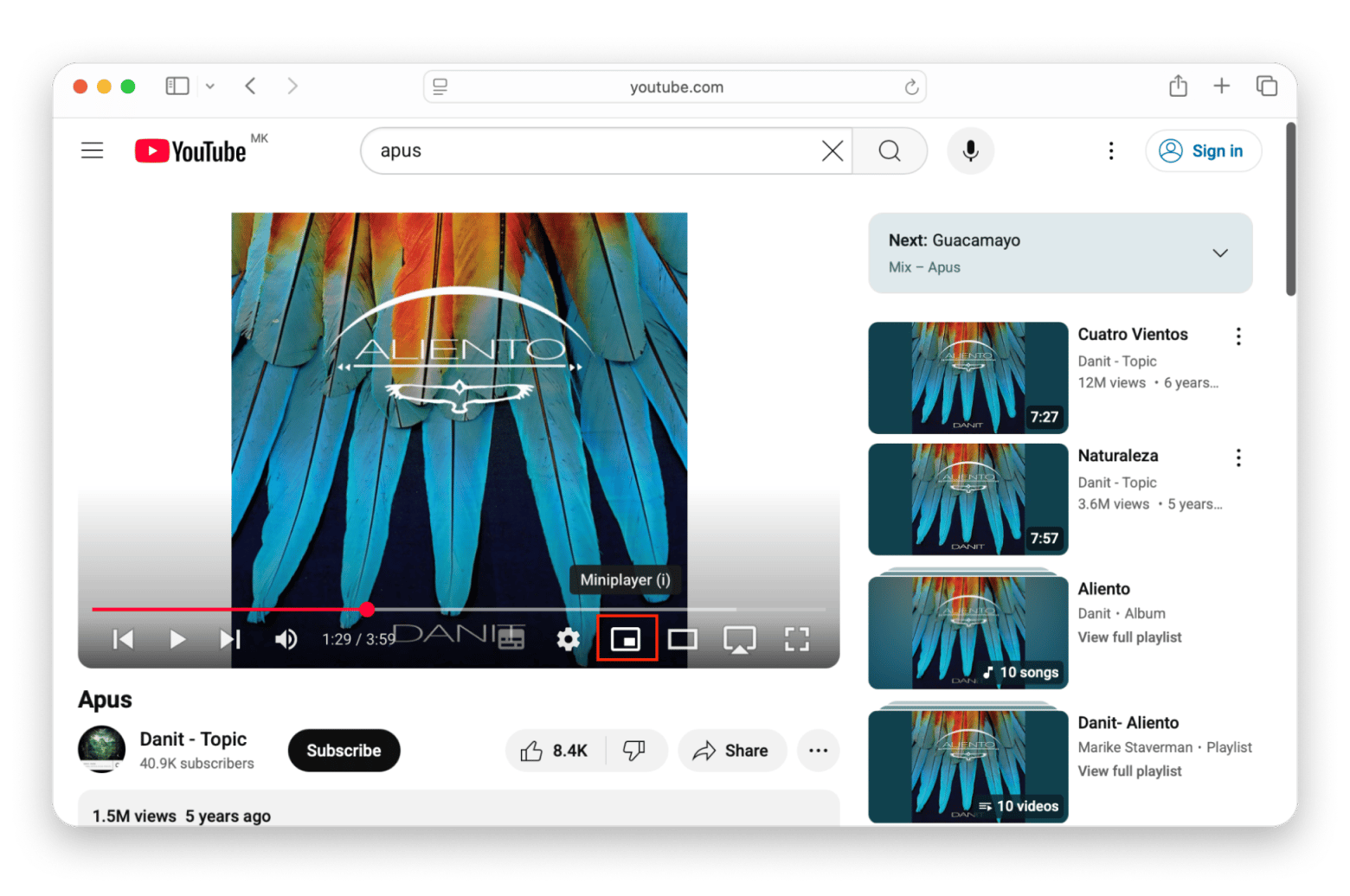 Mini player in YouTube playback menu