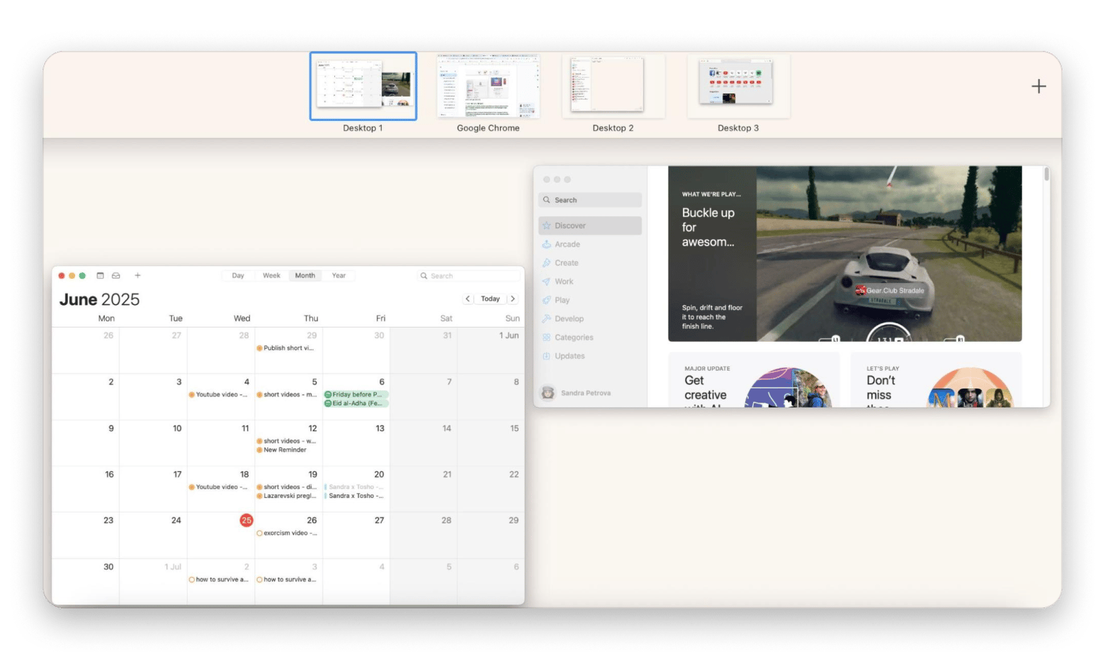 The process of managing desktops with Mission Control Plus, a multiple desktop management app that is available on Setapp