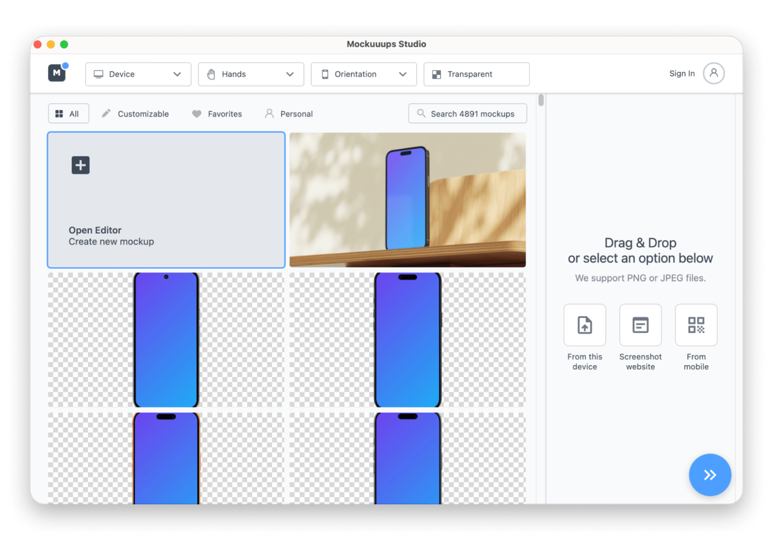 Product mockup list in Mockuuups Studio, a creative app that is available on Setapp