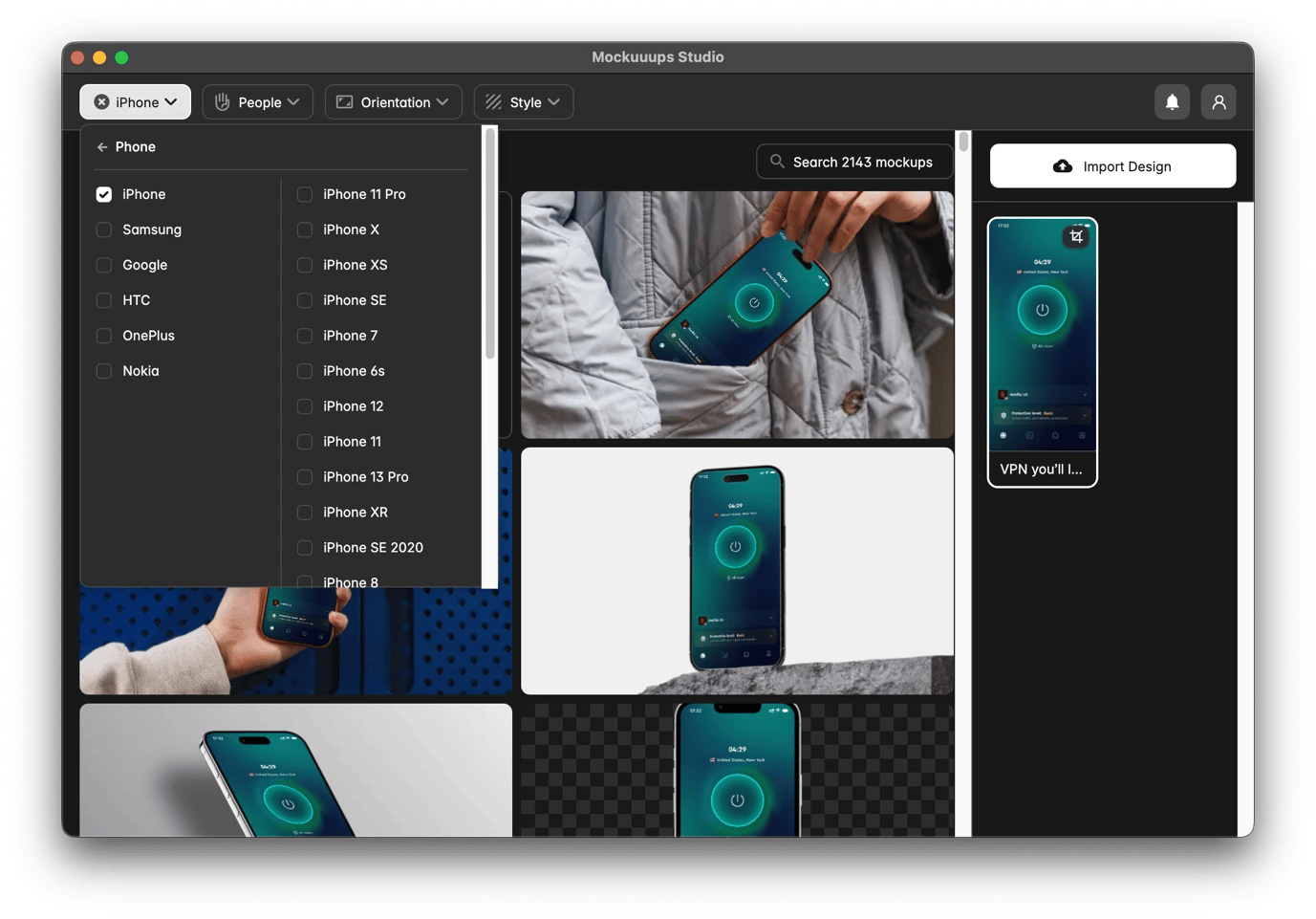Creating an iPhone mockup on Mockuuups Studio, a design tool available on Setapp