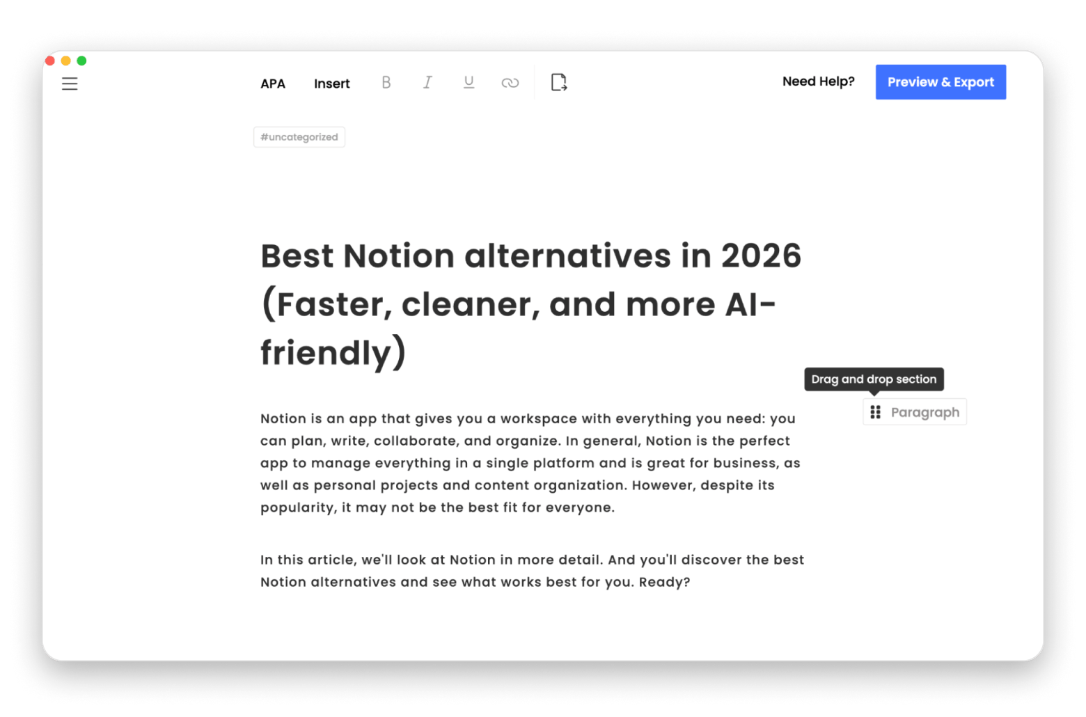 The interface of MonsterWriter, an academic writing app that is available on Setapp