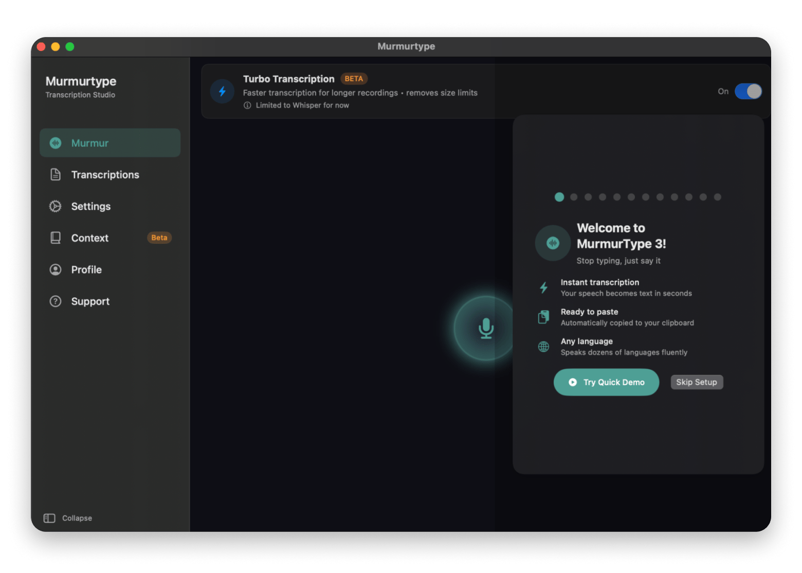 The interface of MurmurType, a speech-to-text app available on Setapp