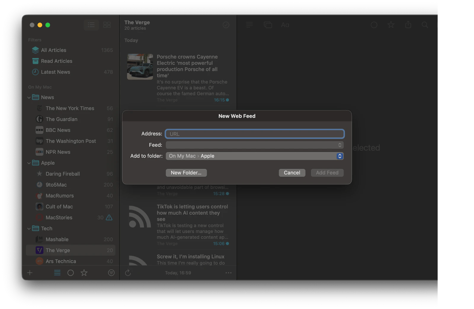 The new Web Feed settings in News Explorer, a news reading app available on Setapp.