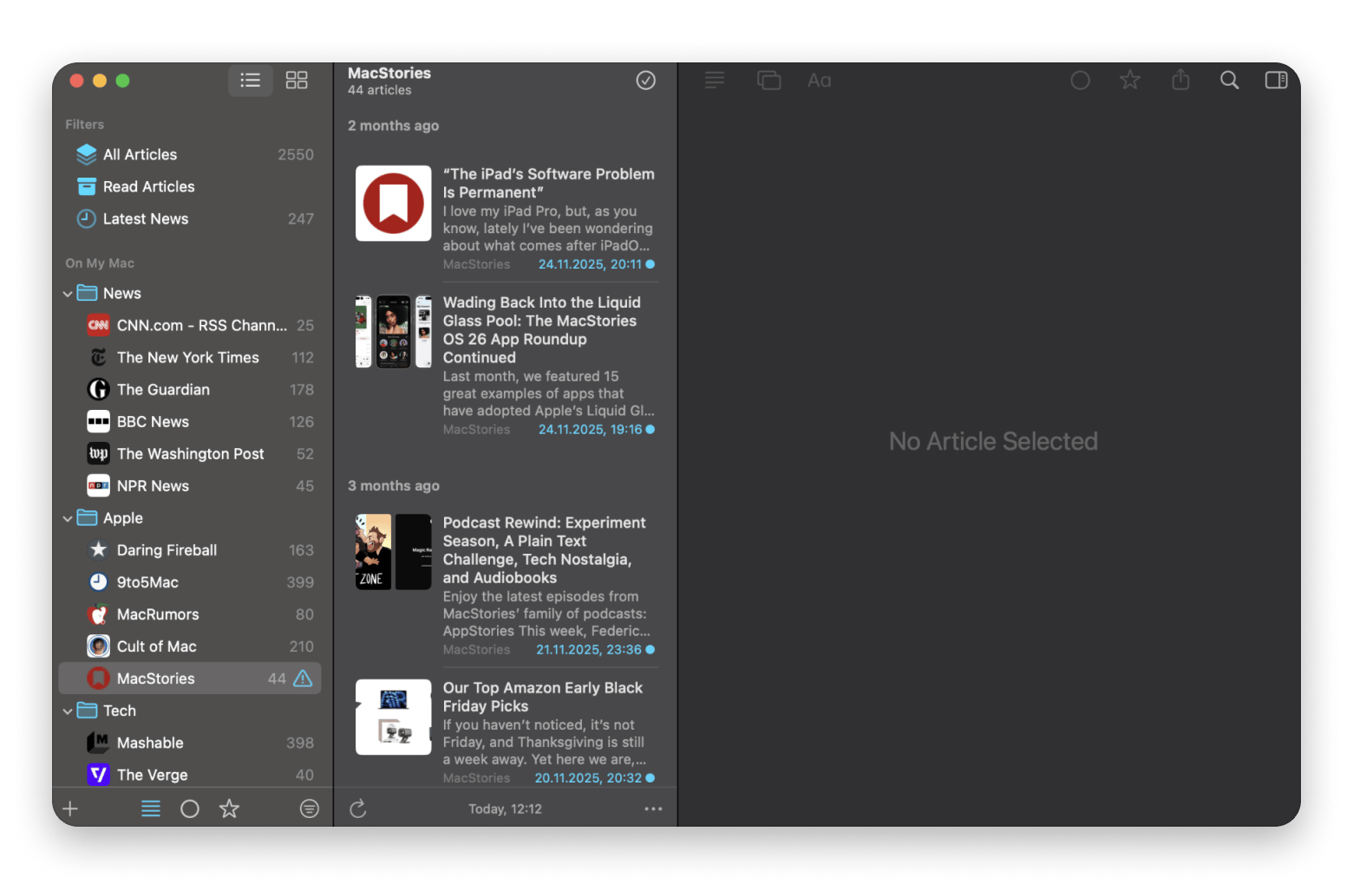 News Explorer RSS reader app interface showing categorized news feeds, available on Setapp
