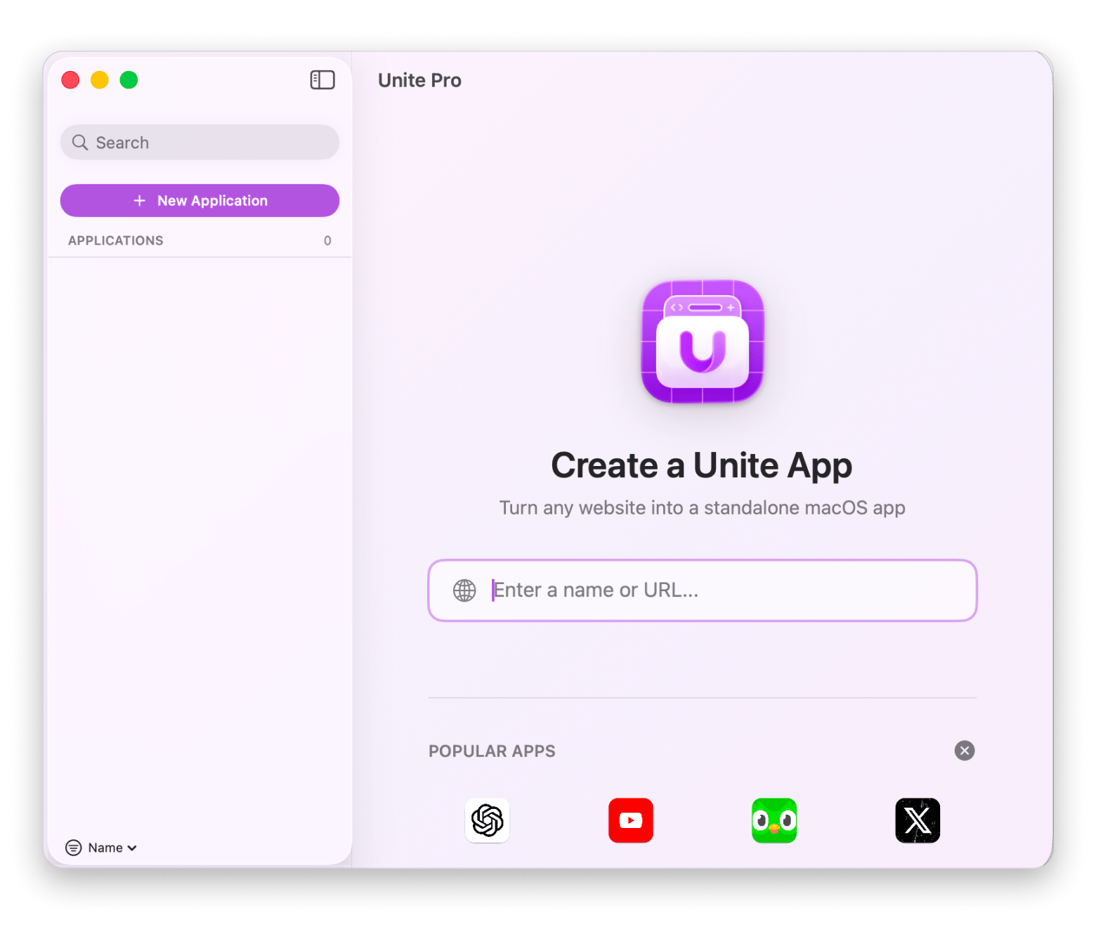 The interface of Unite Pro, a web-to-app converter available on Setapp