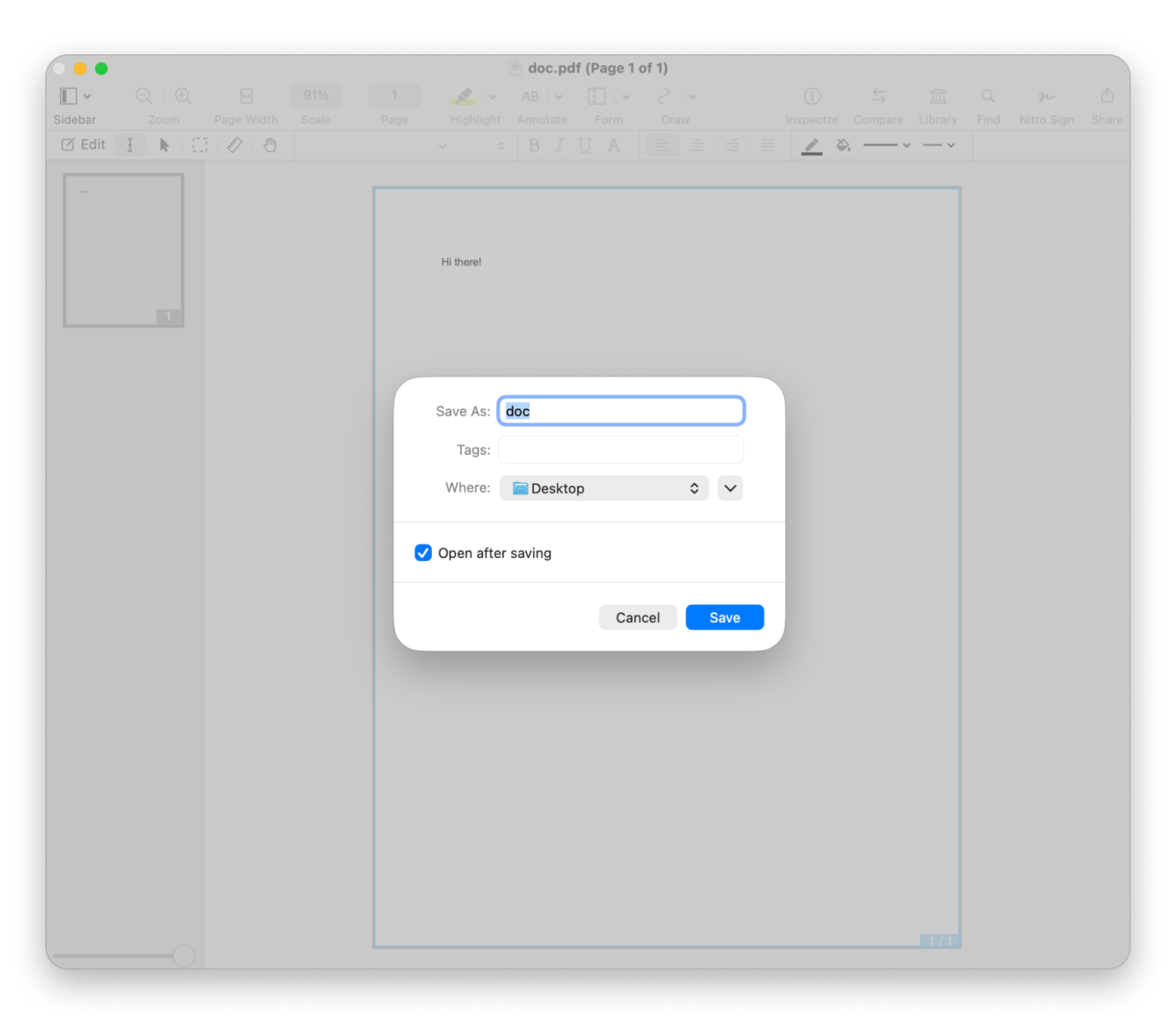Saving a flattened PDF in Nitro PDF Pro, a PDF editor available on Setapp