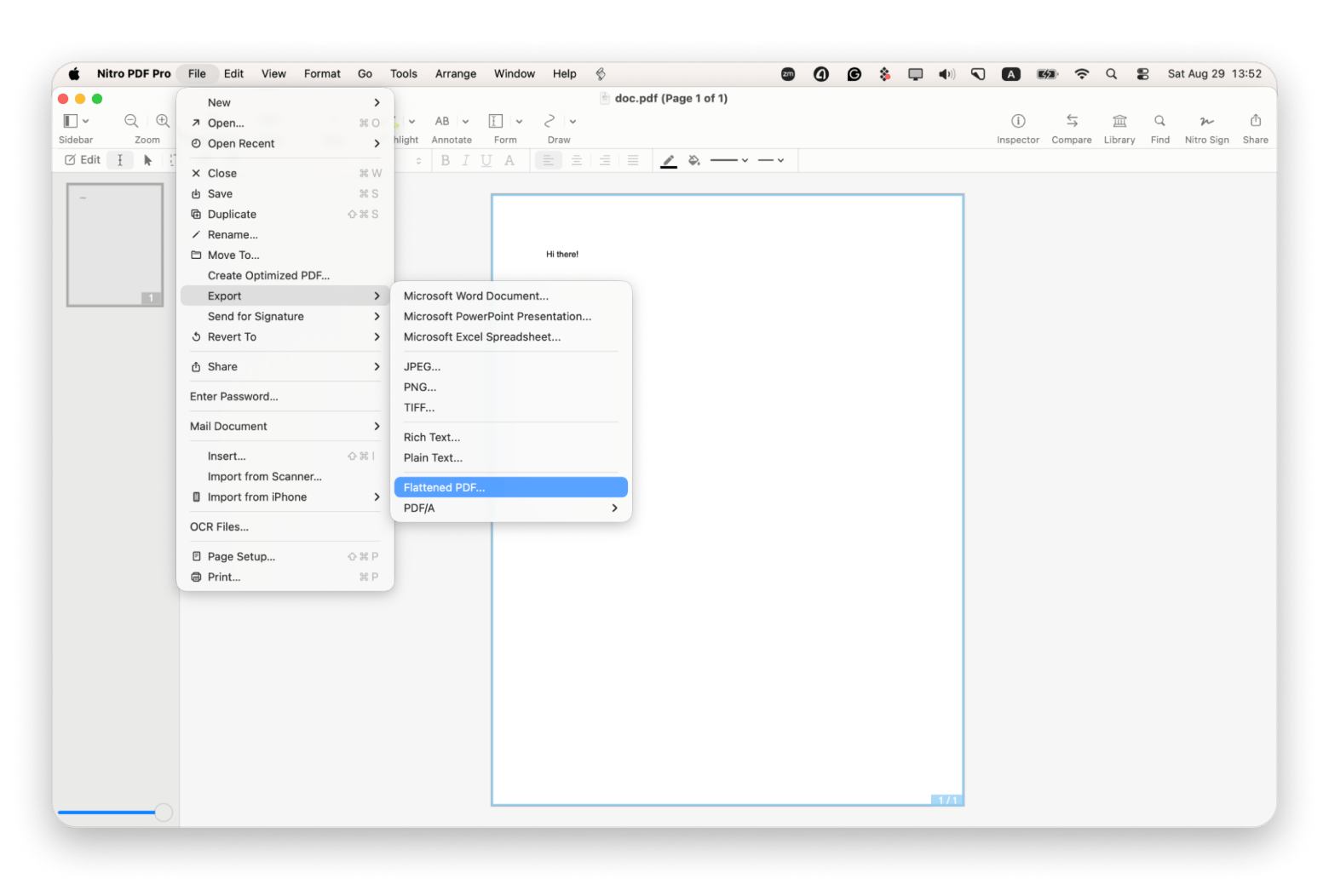 Exporting a flattened PDF via the File menu in Nitro PDF Pro, a PDF editor available on Setapp